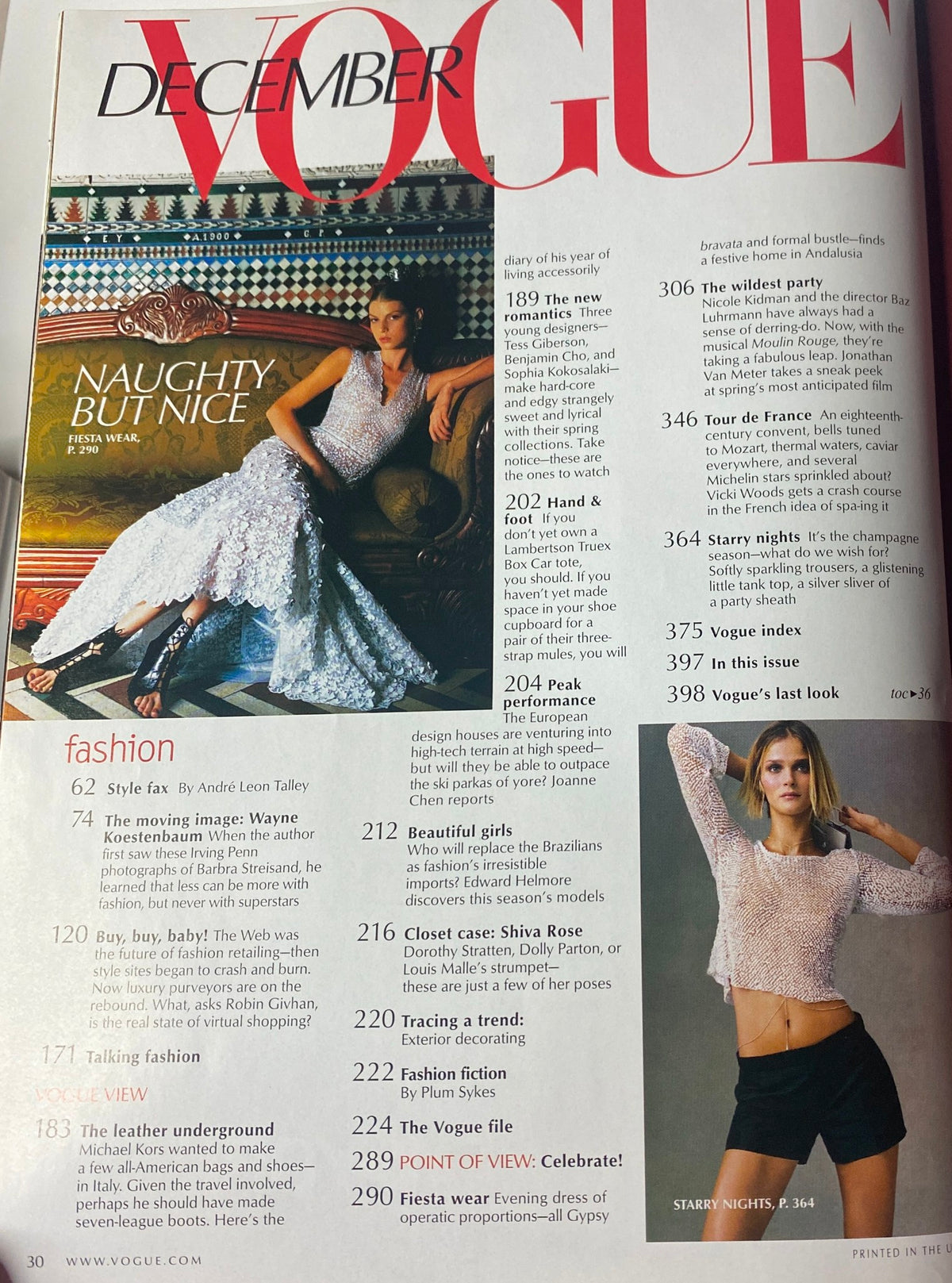 Inside page of Vogue Magazine December 2000 highlighting fashion articles, including styles and trends, with Nicole Kidman featured prominently.