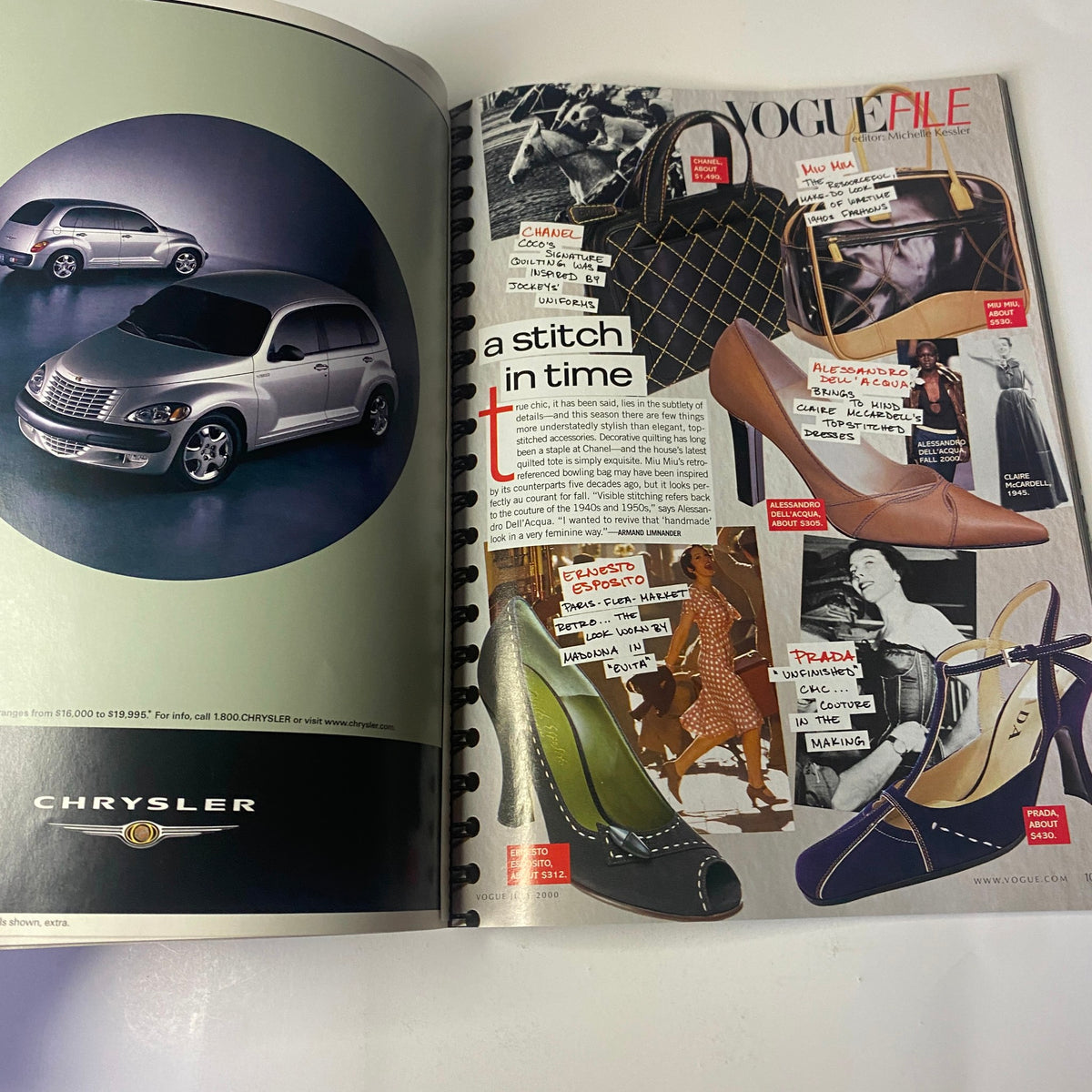 Page from Vogue Magazine July 2000 featuring advertisements for fashion accessories, including shoes and handbags, showcasing various styles under the article titled 'Vogue File.' This image highlights craftsmanship and iconic fashion moments.