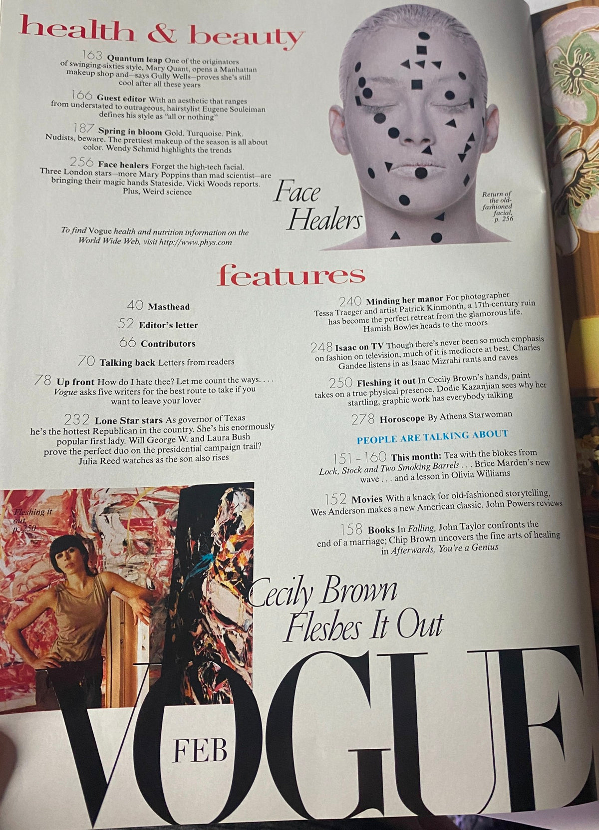 Vogue Magazine February 1999 featuring health and beauty section with the article on Face Healers, showcasing a black and white image of a model with facial markings. Includes additional features listed.
