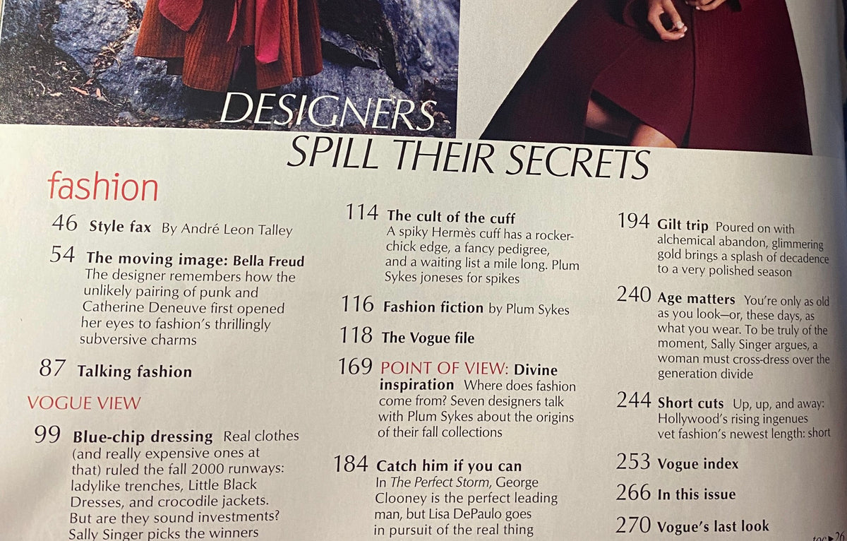 Detail from Vogue Magazine June 2000, featuring fashion segment titled 'Designers Spill Their Secrets' with articles by André Leon Talley and Plum Sykes.