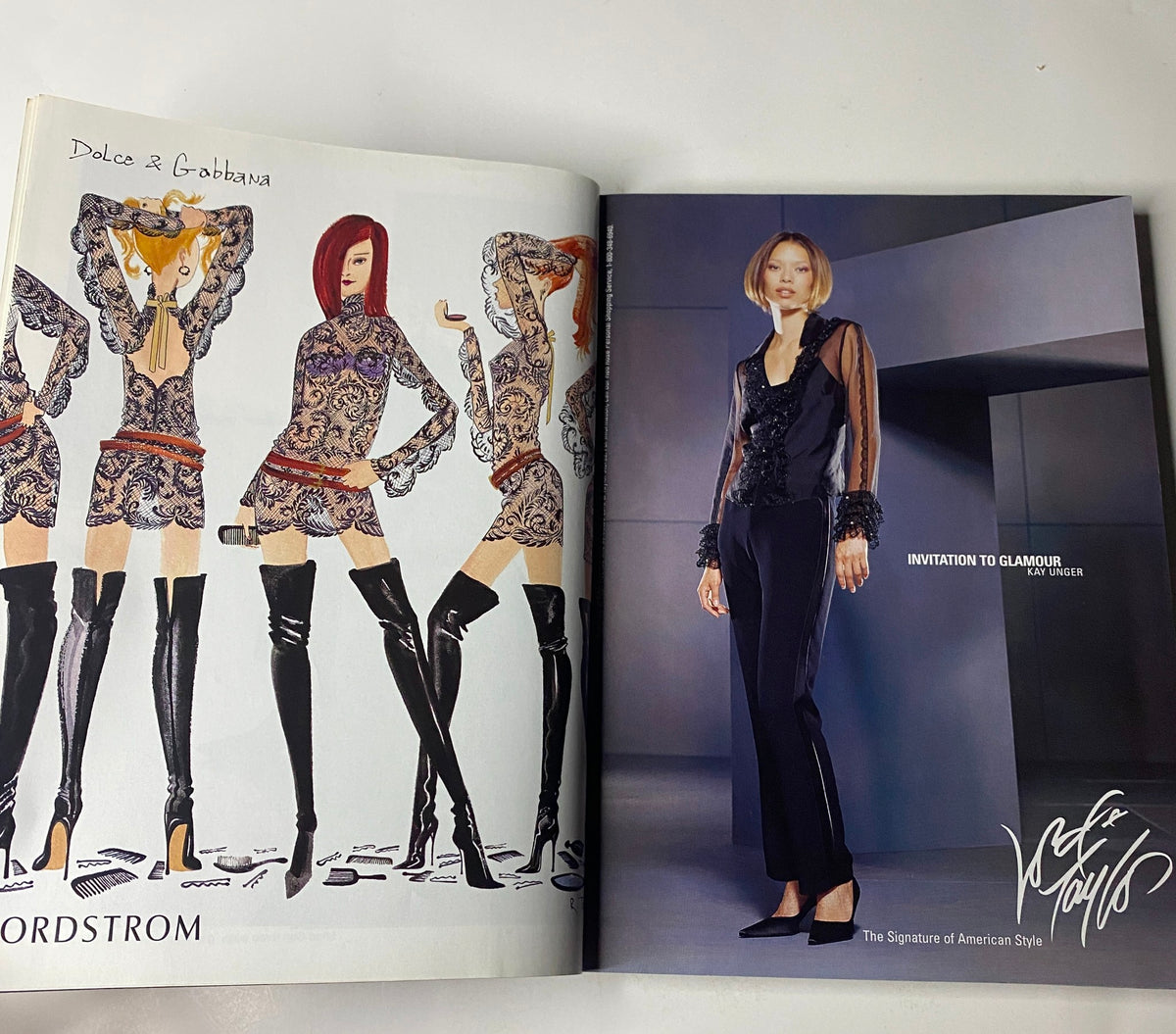 Fashion illustration from Vogue Magazine October 2001 featuring a luxurious Dolce & Gabbana outfit, showcasing the elegance of high fashion.