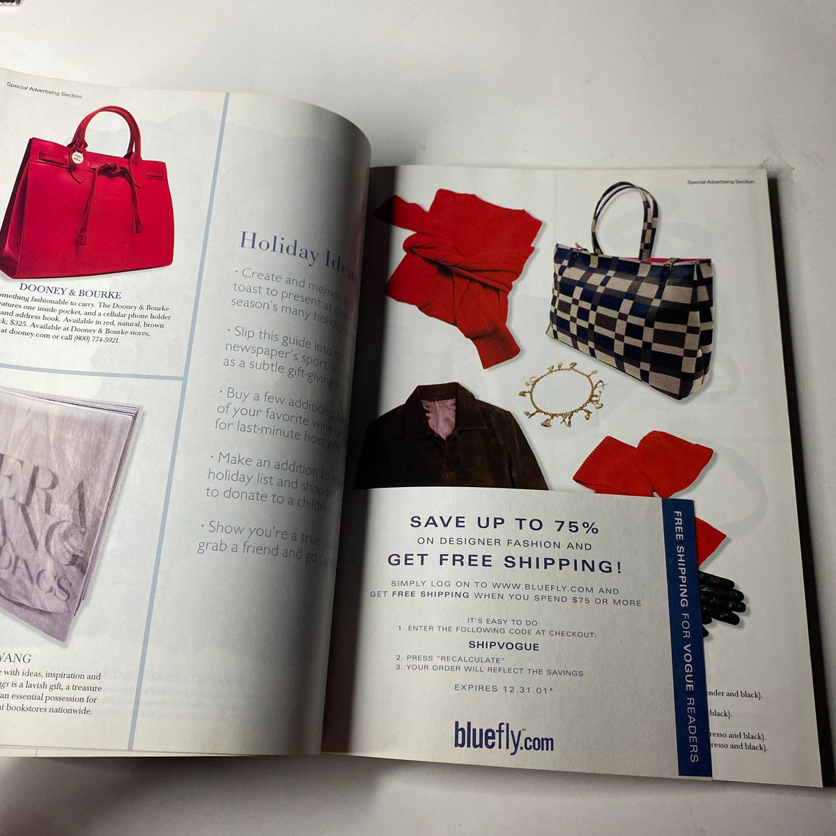 Bluefly advertisement for holiday fashion deals, includes designer items and promotions from Vogue Magazine December 2001 Gisele Bündchen Cover.