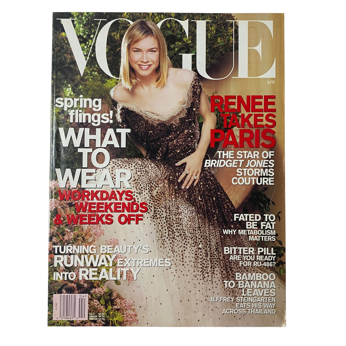 Vogue Magazine April 2001 cover featuring Renée Zellweger in a stunning gown, highlighting the feature 'Renee Takes Paris' and her role as the star of Bridget Jones. Ideal for collectors and fans of early 2000s fashion.