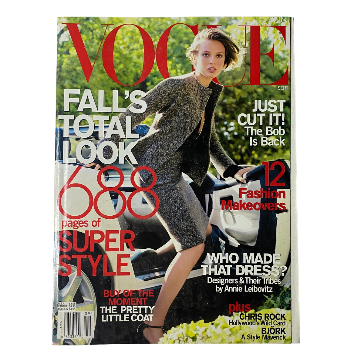 Vogue Magazine September 2000 Bridget Hall Cover featuring the title 'FALL'S TOTAL LOOK' with 688 pages of Super Style, showcasing a fashionable model in a stylish outfit.