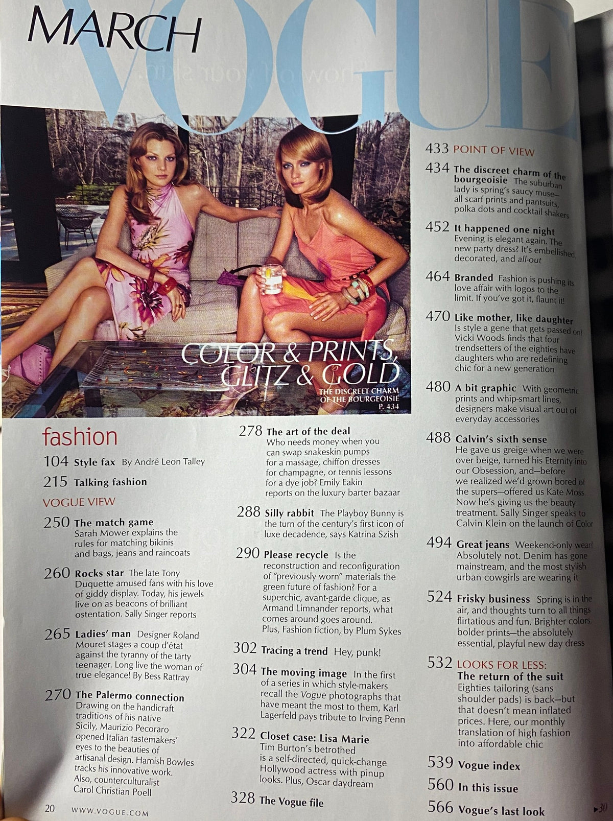 Contents page from Vogue Magazine March 2000, featuring articles on fashion, culture, and style, including 'Style Fax' and 'The Art of the Deal,' showcasing the magazine's diverse offerings.