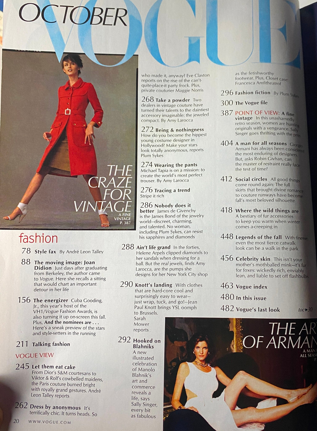 Inside page of Vogue Magazine October 2000 featuring a stylish model in a vintage-inspired outfit, part of the fashion section dedicated to fall trends.