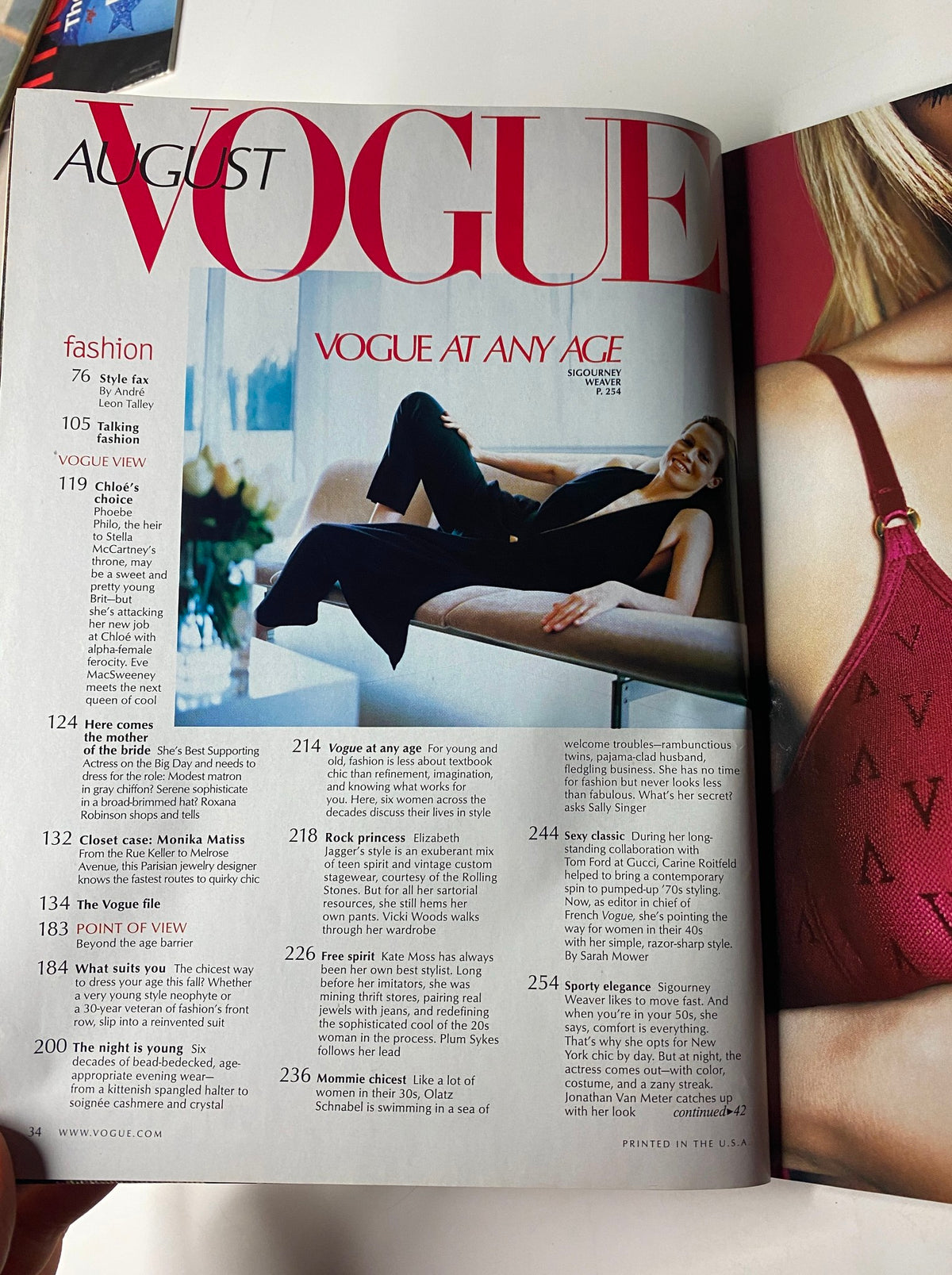 Inside page of Vogue Magazine August 2001 displaying contents, including the feature 'Vogue at Any Age' with a focus on versatile fashion for all generations.