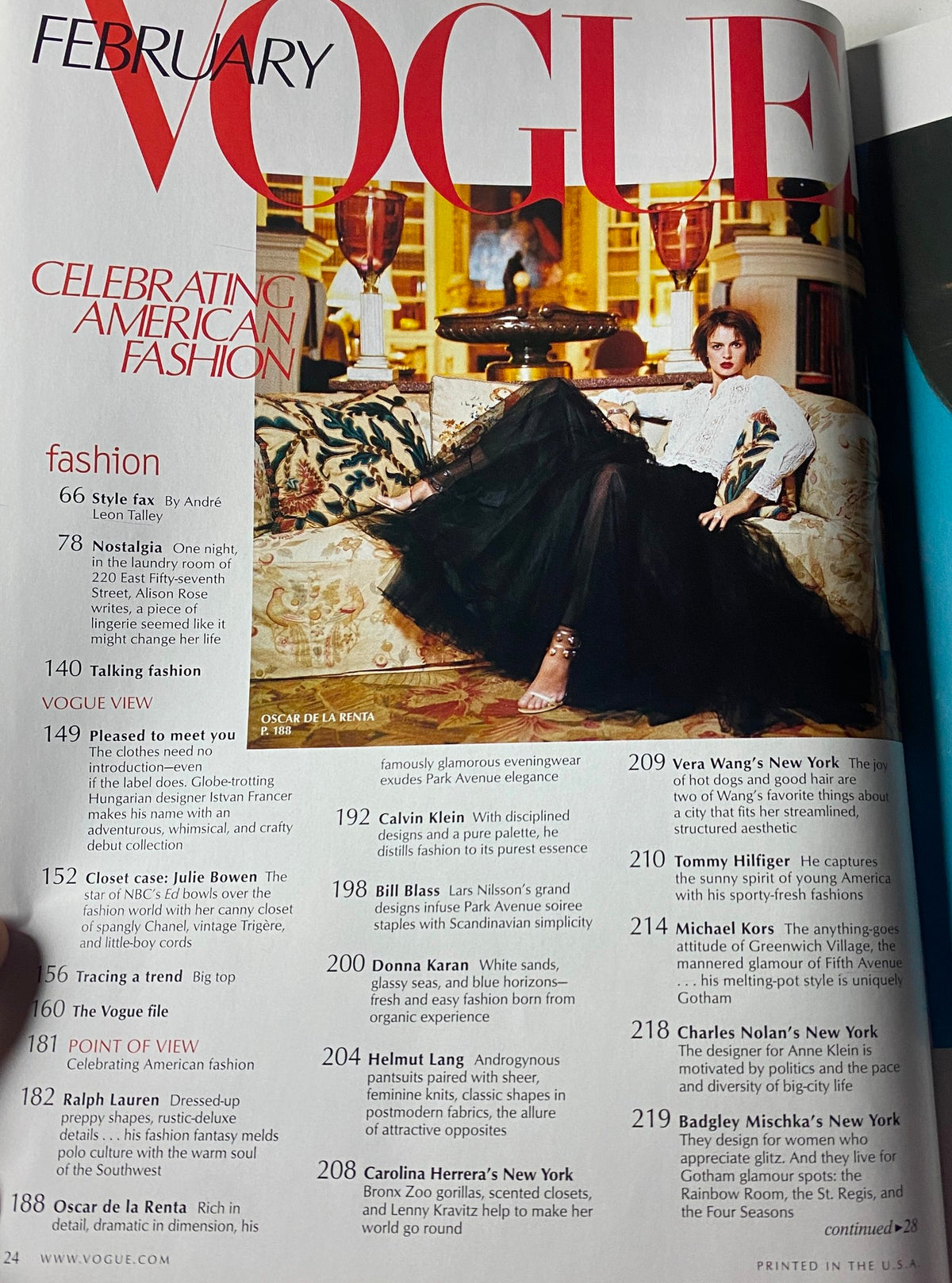 Inside page from Vogue Magazine February 2002, celebrating American fashion with content highlights, related to 'Vogue Magazine February 2002 Sarah Jessica Parker Cover No Label VG'.