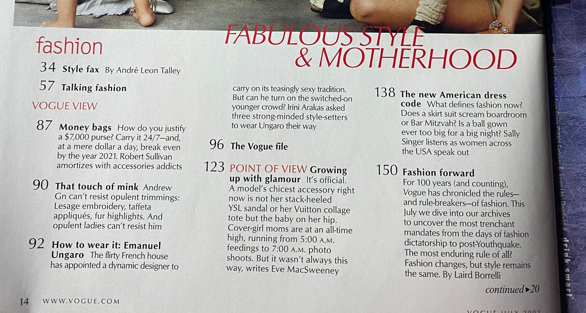 Inside page of Vogue Magazine July 2002 displaying fashion highlights including articles by André Leon Talley and features on motherhood and style.