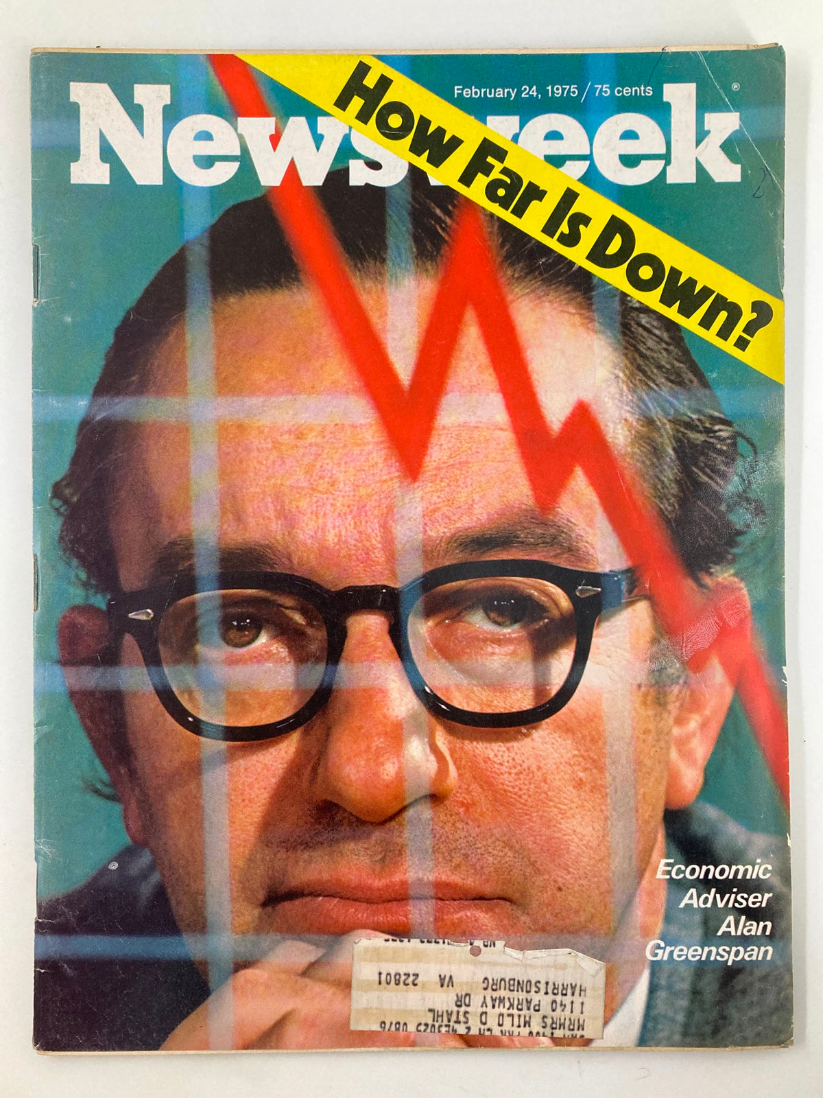 Vintage Newsweek magazine cover from February 24, 1975, featuring economic adviser Alan Greenspan. The cover poses the question 'How Far Is Down?' alongside a striking graphic representation of a declining economy.