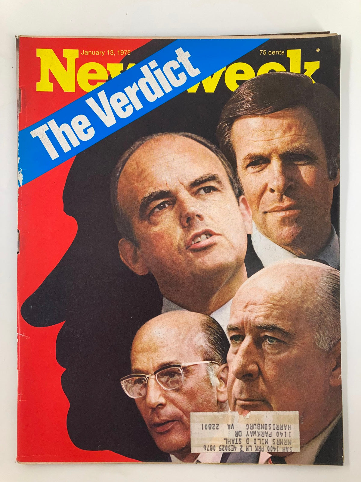 Cover of VTG Newsweek Magazine from January 13, 1975, featuring the headline 'The Verdict' regarding the Watergate case, showcasing prominent figures involved in this historical event.