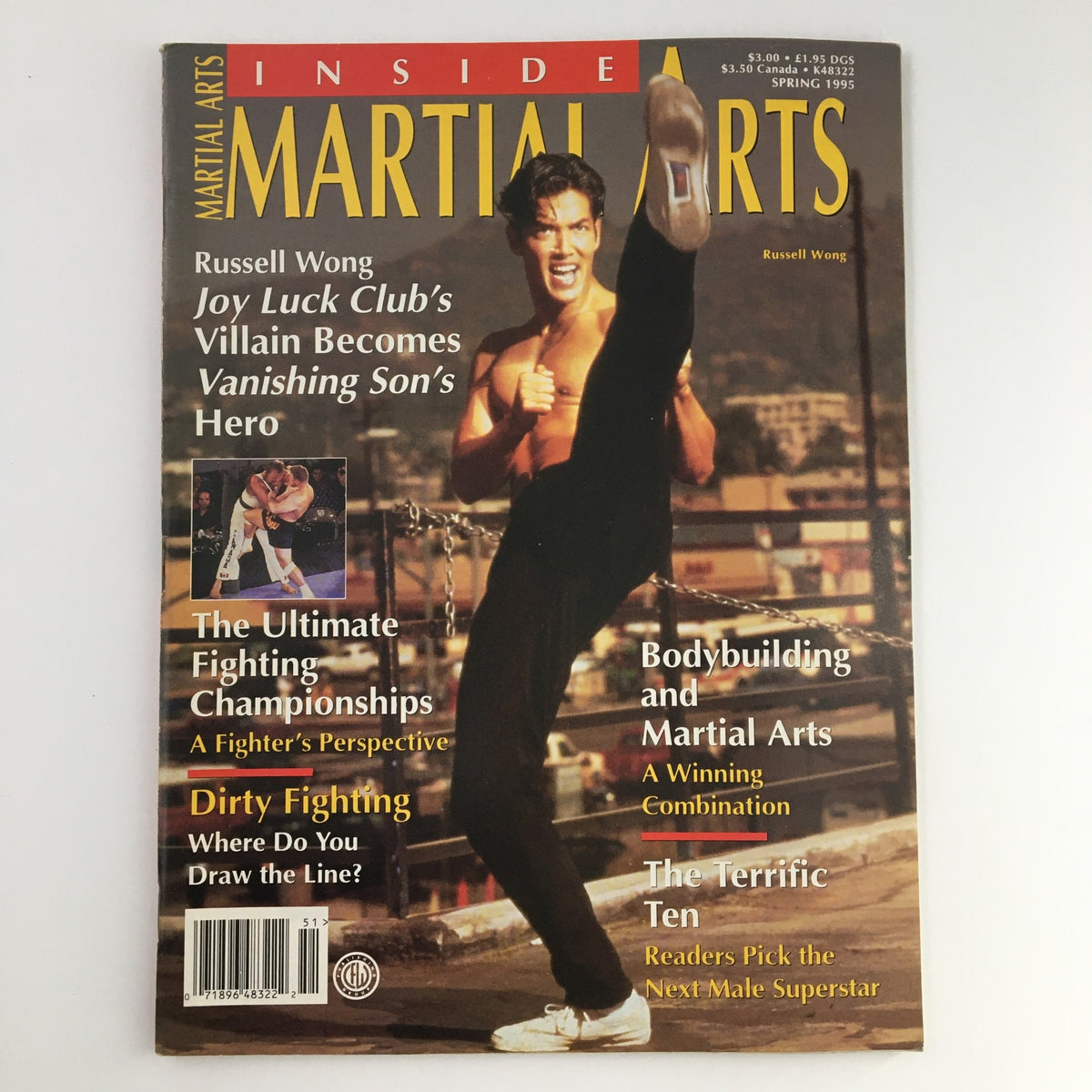 Cover of Inside Martial Arts Magazine Spring 1995 featuring Russell Wong in a martial arts pose, highlighting articles about Joy Luck Club and Vanishing Son's Hero.