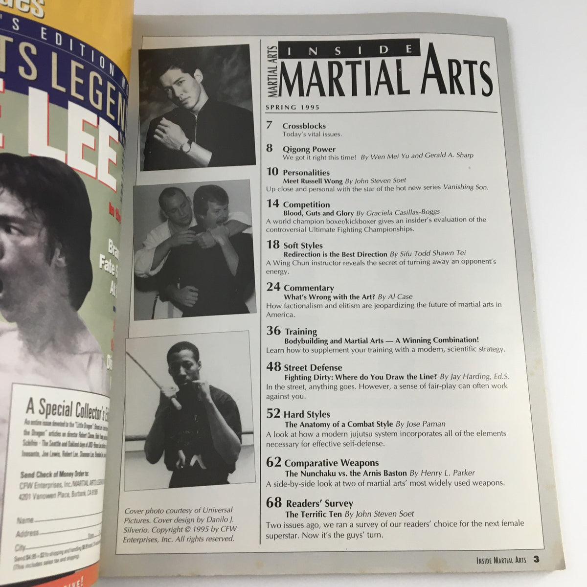 Inside page from Inside Martial Arts Magazine Spring 1995 showcasing the table of contents and a profile of Russell Wong, with sections on martial arts techniques and competition.