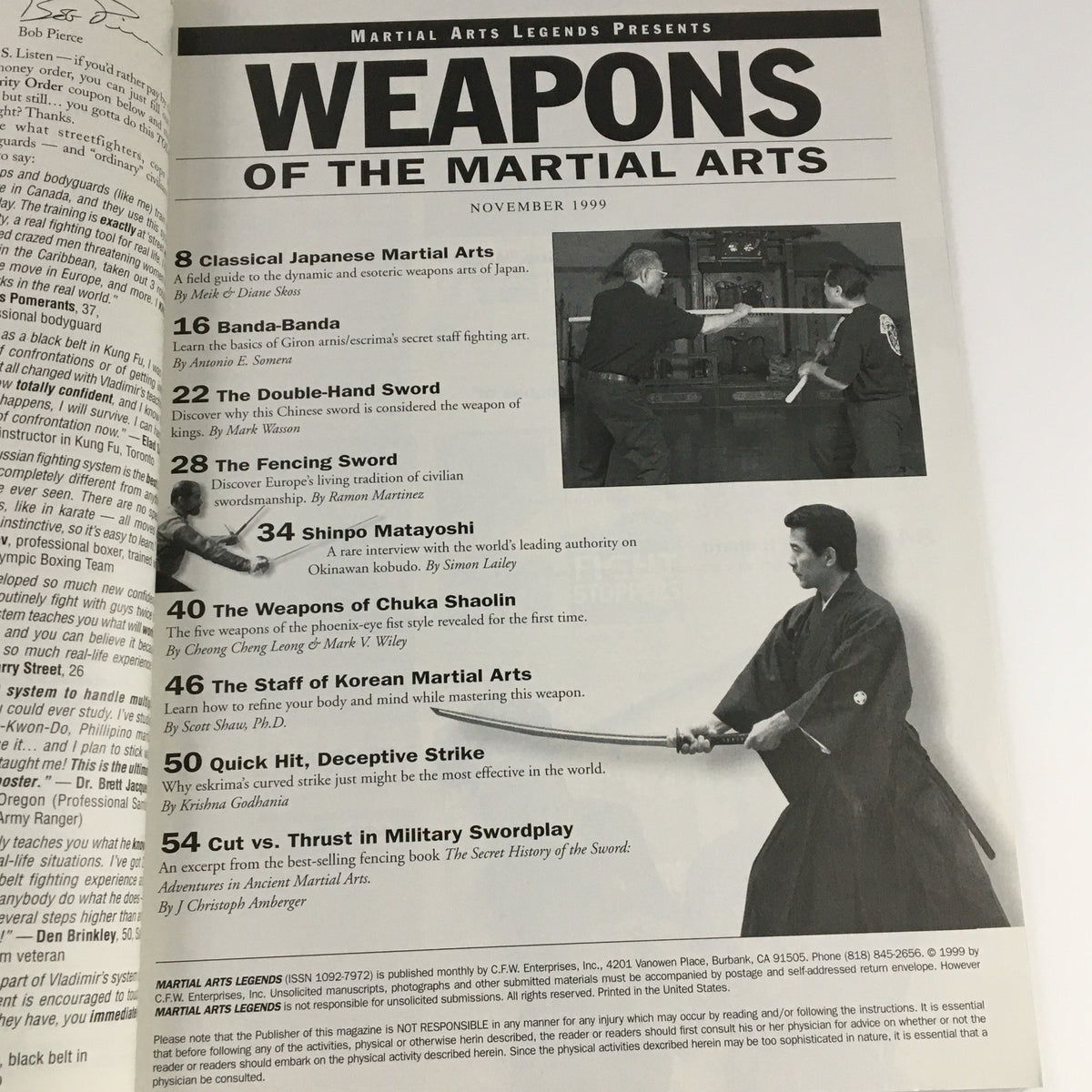Inside page of Martial Arts Legends Magazine November 1999 listing articles such as classical Japanese martial arts, the double-hand sword, fencing sword, and interviews with martial arts masters. This page highlights the magazine's focus on diverse martial arts weapon techniques.