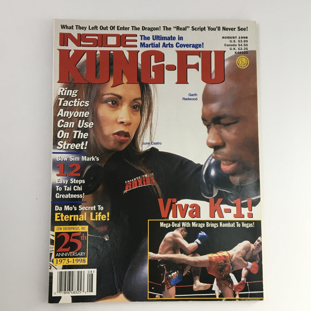 Cover of Inside Kung Fu Magazine August 1998 featuring June Castro and Garth Redwood, highlighting martial arts coverage and tactics with a striking design and notable headlines.