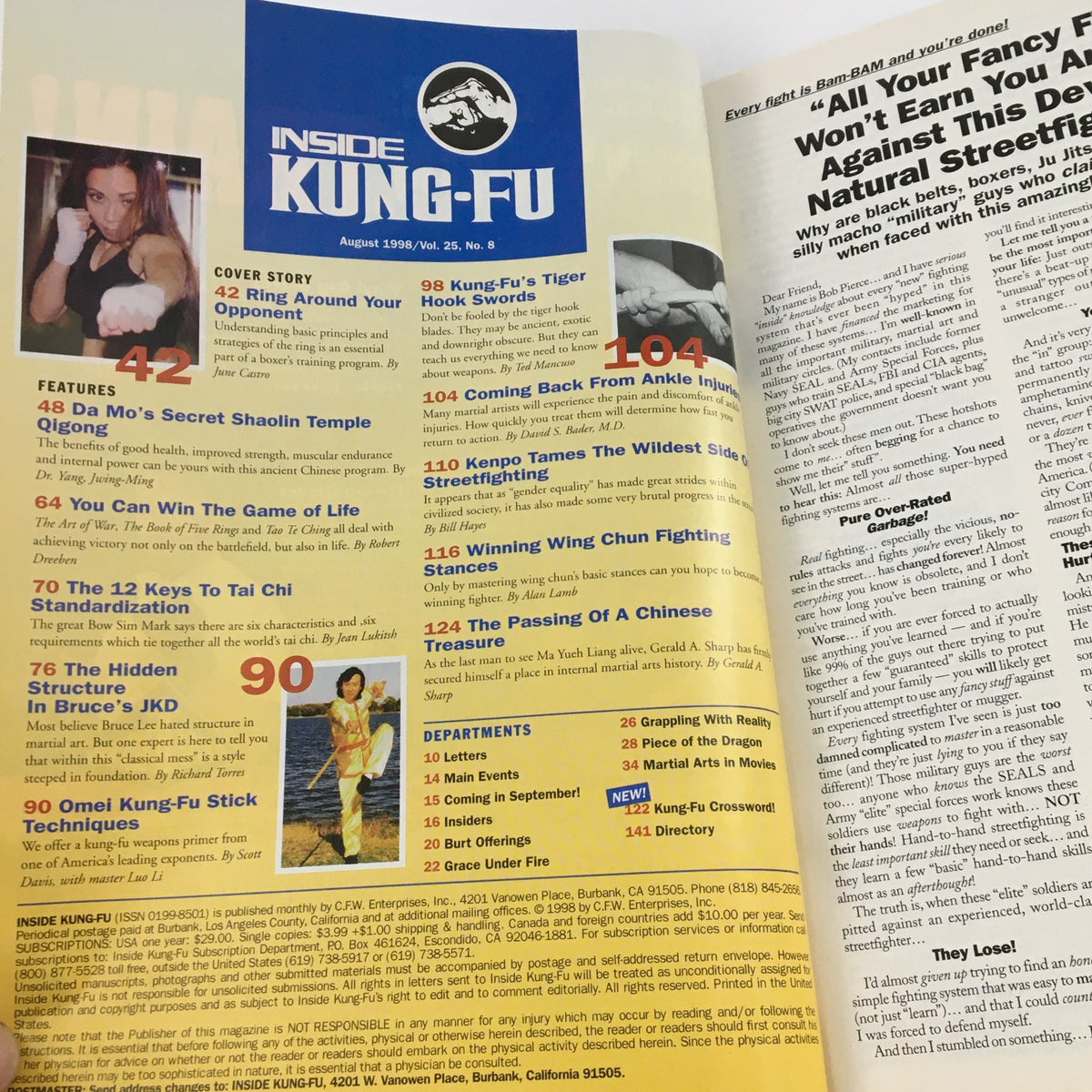Inside content page of Inside Kung Fu Magazine August 1998 showcasing various articles and features on martial arts techniques and philosophies.