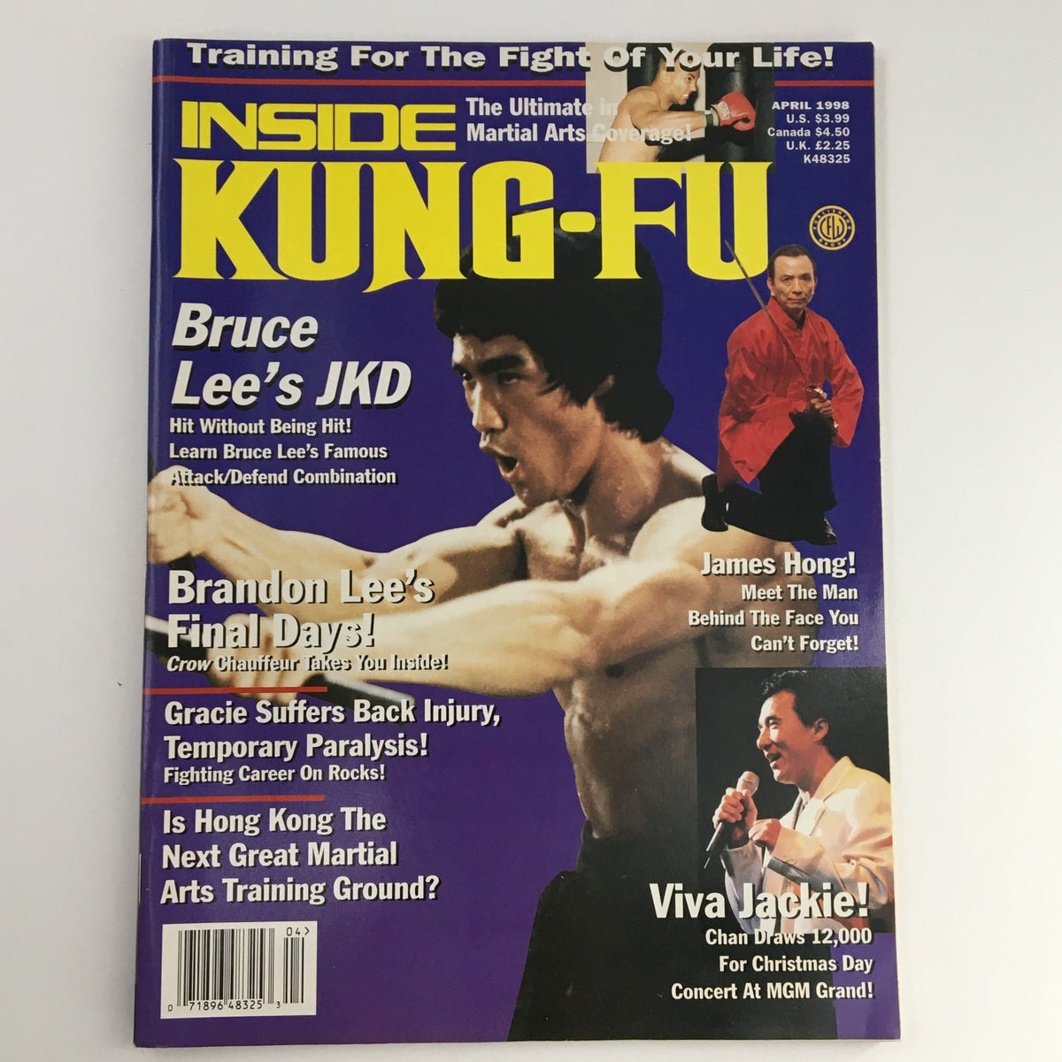 Cover of Inside Kung Fu Magazine April 1998 featuring Bruce Lee, James Hong, and Jackie Chan, highlighting martial arts topics like Bruce Lee's Jeet Kune Do and Brandon Lee's final days.