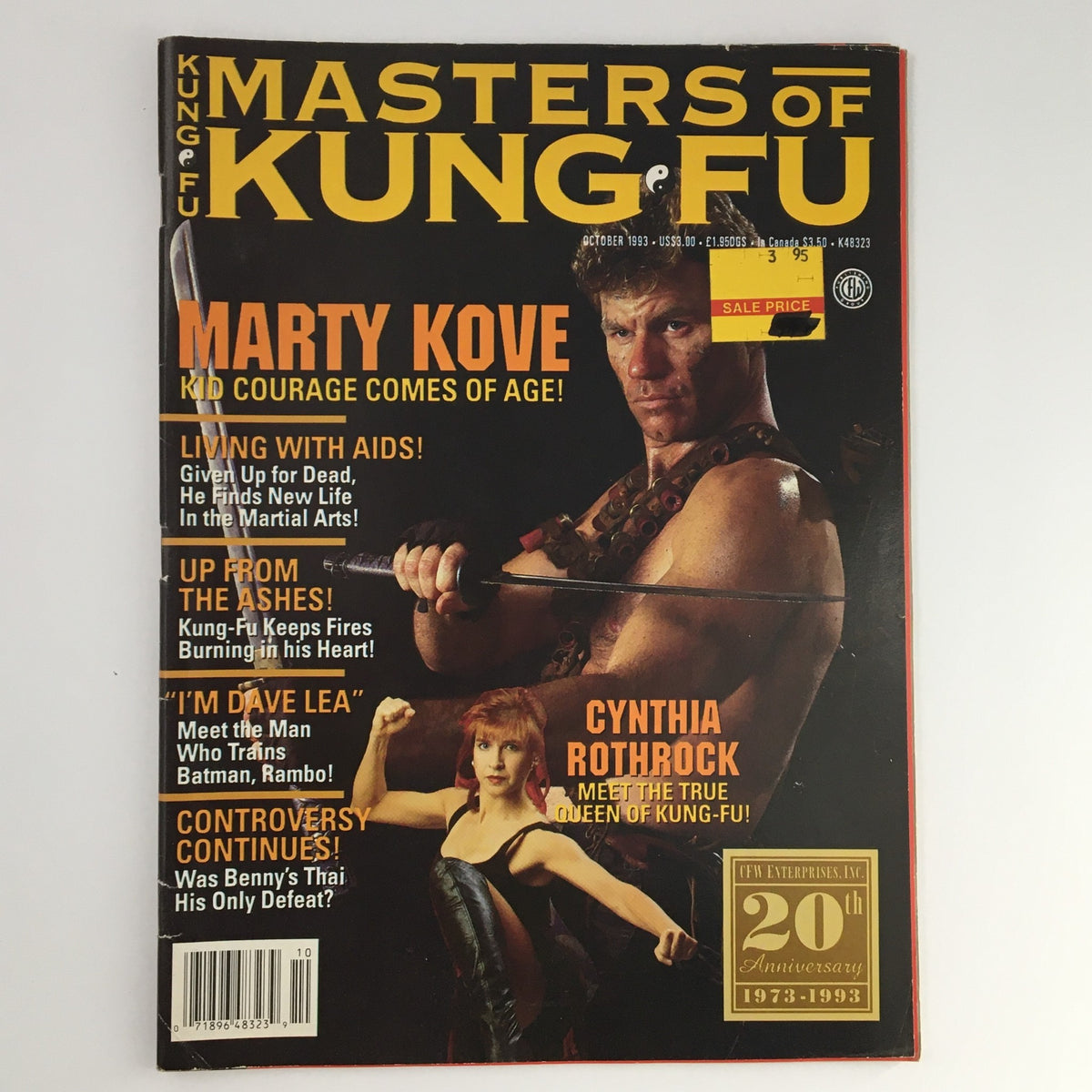 Cover of Masters of Kung Fu Magazine, October 1993, featuring Marty Kove and Cynthia Rothrock, highlighting martial arts cinema and techniques.