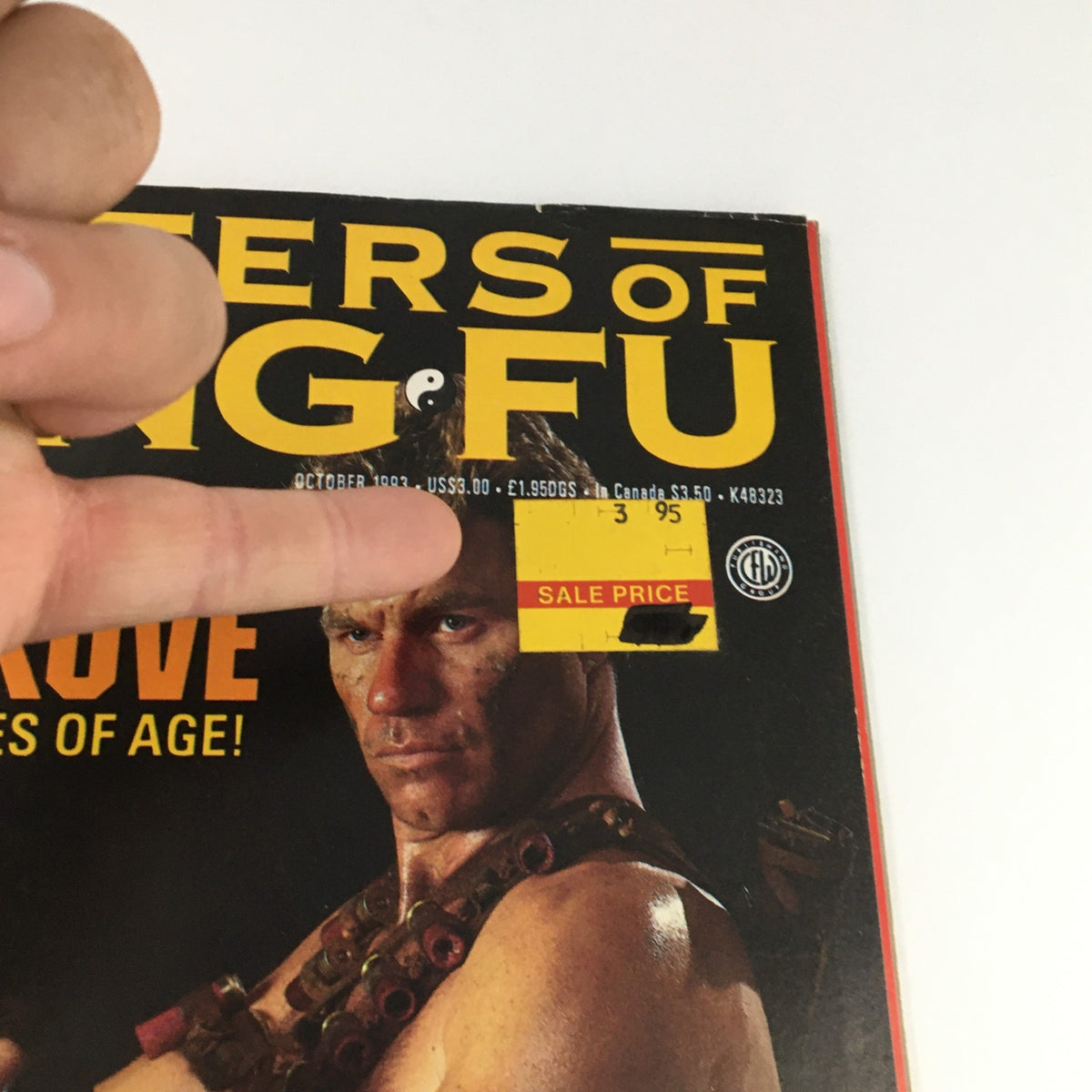 Close-up of the cover of Masters of Kung Fu Magazine, October 1993, showing the price sticker and the prominent names of Marty Kove and Cynthia Rothrock.
