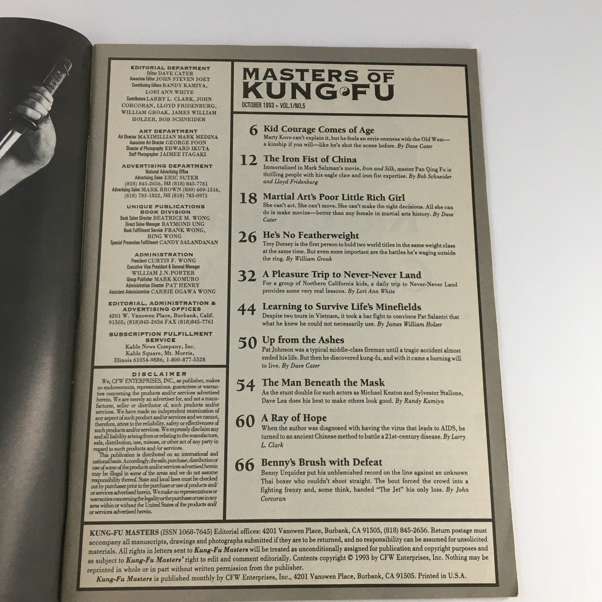 Interior page of Masters of Kung Fu Magazine, October 1993, displaying the table of contents and showcasing featured articles on martial arts.