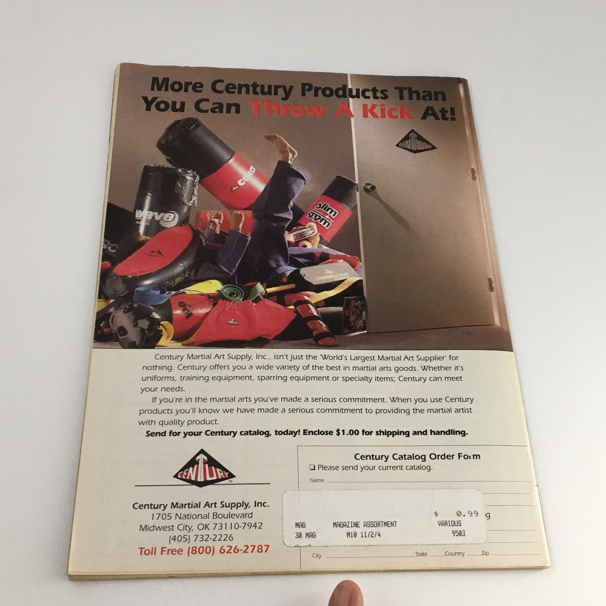 Back cover of the Masters of Kung Fu Magazine October 1993 featuring a promotional advertisement by Century Martial Art Supply, showcasing various martial arts products like training equipment and sparring gear.