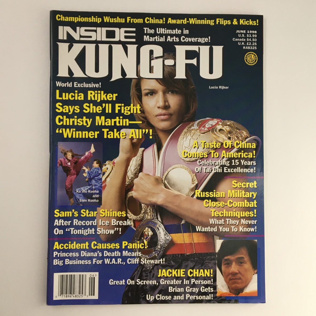 Inside Kung Fu Magazine June 1998 featuring Lucia Rijker on the cover, showcasing martial arts culture with headlines about her upcoming fight and articles on martial arts techniques.