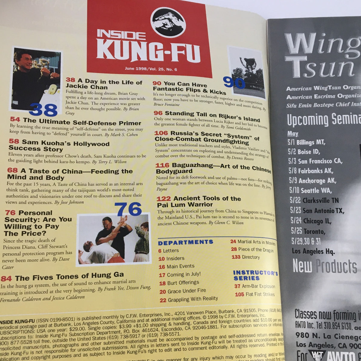 Inside Kung Fu Magazine June 1998 cover featuring notable articles on Jackie Chan, Lucia Rijker, and martial arts topics, showcasing the magazine's focus on martial arts culture and history.
