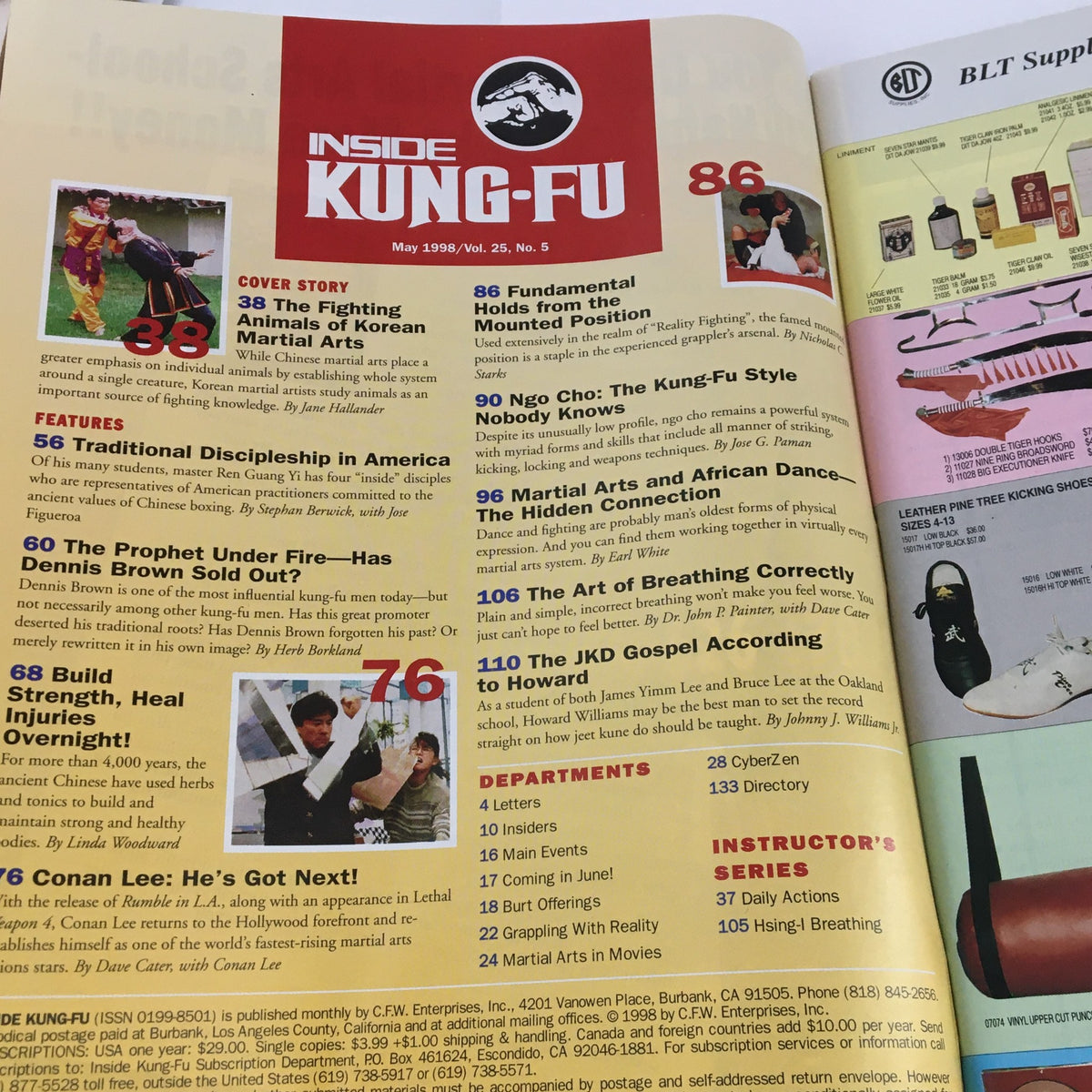 Inside page of Inside Kung Fu Magazine May 1998 displaying content overview, features, and articles related to martial arts.