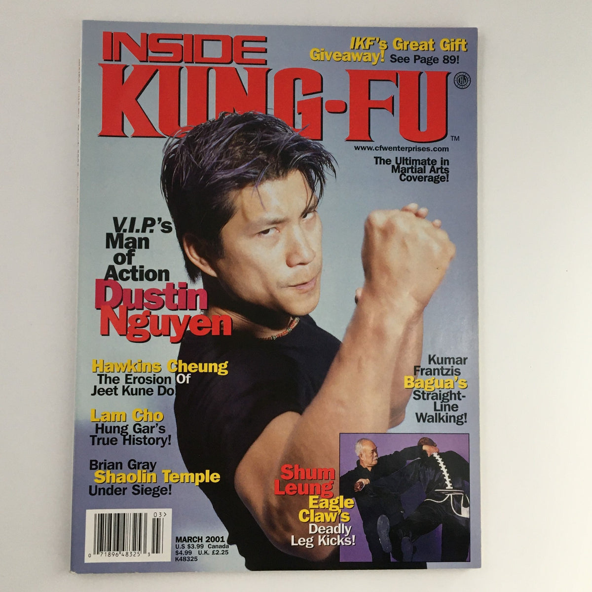 Cover of Inside Kung Fu Magazine March 2001, featuring Dustin Nguyen as the V.I.P.'s Man of Action with a dynamic pose.