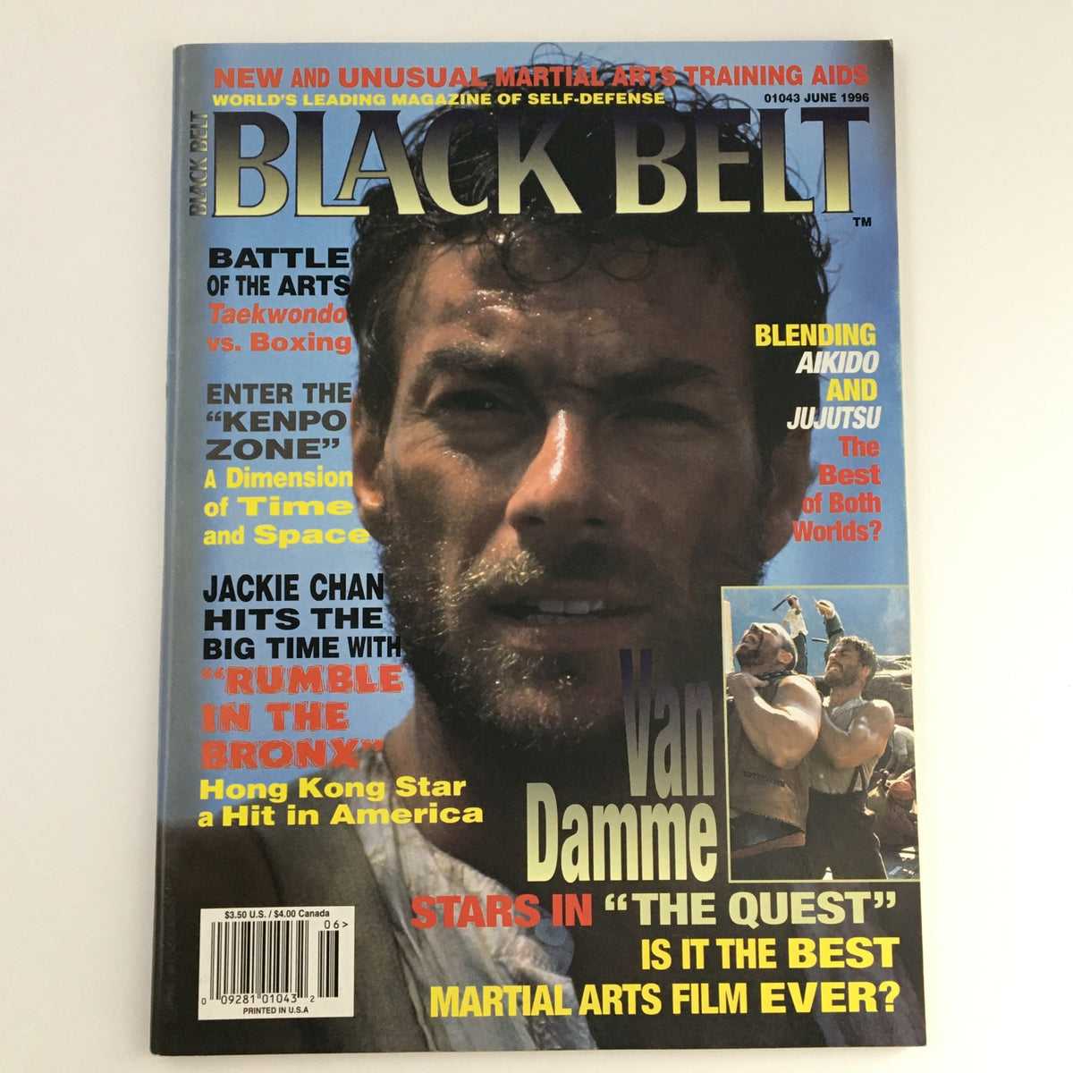 Cover of Black Belt Magazine June 1996 featuring Jean-Claude Van Damme and Jackie Chan, showcasing martial arts highlights and key articles from the era.