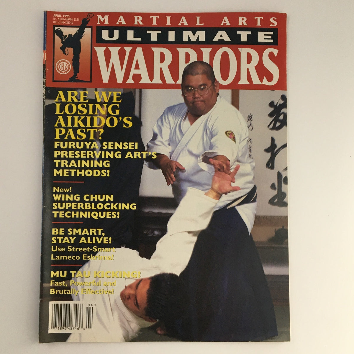 Cover of Martial Arts Ultimate Warriors April 1995 magazine featuring Sensei Kensho Furuya demonstrating Aikido techniques, with bold headlines discussing the preservation of martial arts training methods and additional topics.