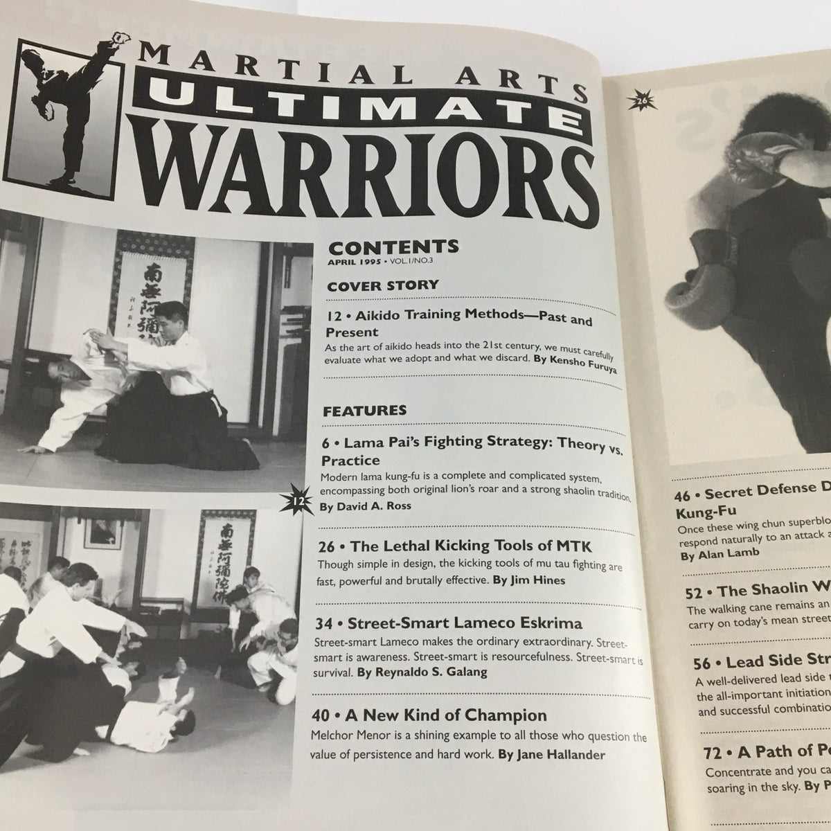 Martial Arts Ultimate Warriors April 1995 magazine contents page featuring a martial arts demonstration. Highlights include articles on Aikido training, Lama Pai’s fighting strategies, and Eskrima techniques, exemplifying the rich martial arts culture of the 90s.