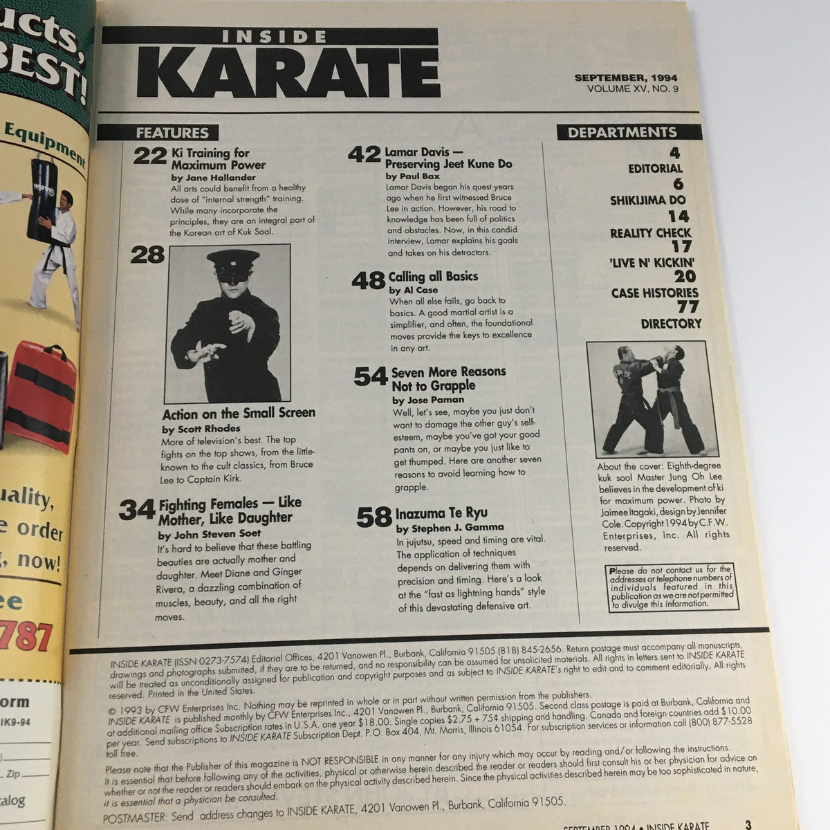 Inside page of Inside Karate Magazine September 1994 displaying the table of contents with featured articles including 'Ki Training for Maximum Power!' and 'Fighting Females – Like Mother, Like Daughter'.