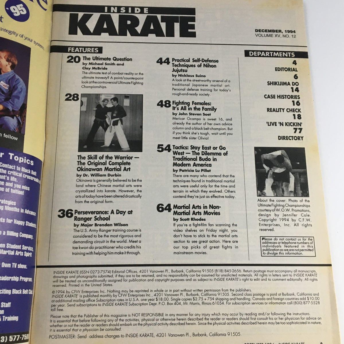 Interior page of Inside Karate Magazine December 1994, showcasing article features including self-defense techniques and martial arts insights.