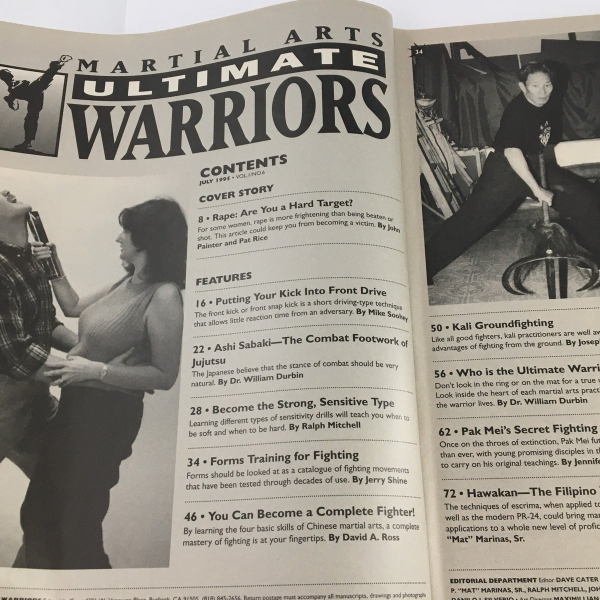 Contents page of Martial Arts Ultimate Warriors July 1995, highlighting features on martial arts techniques and articles by notable contributors.