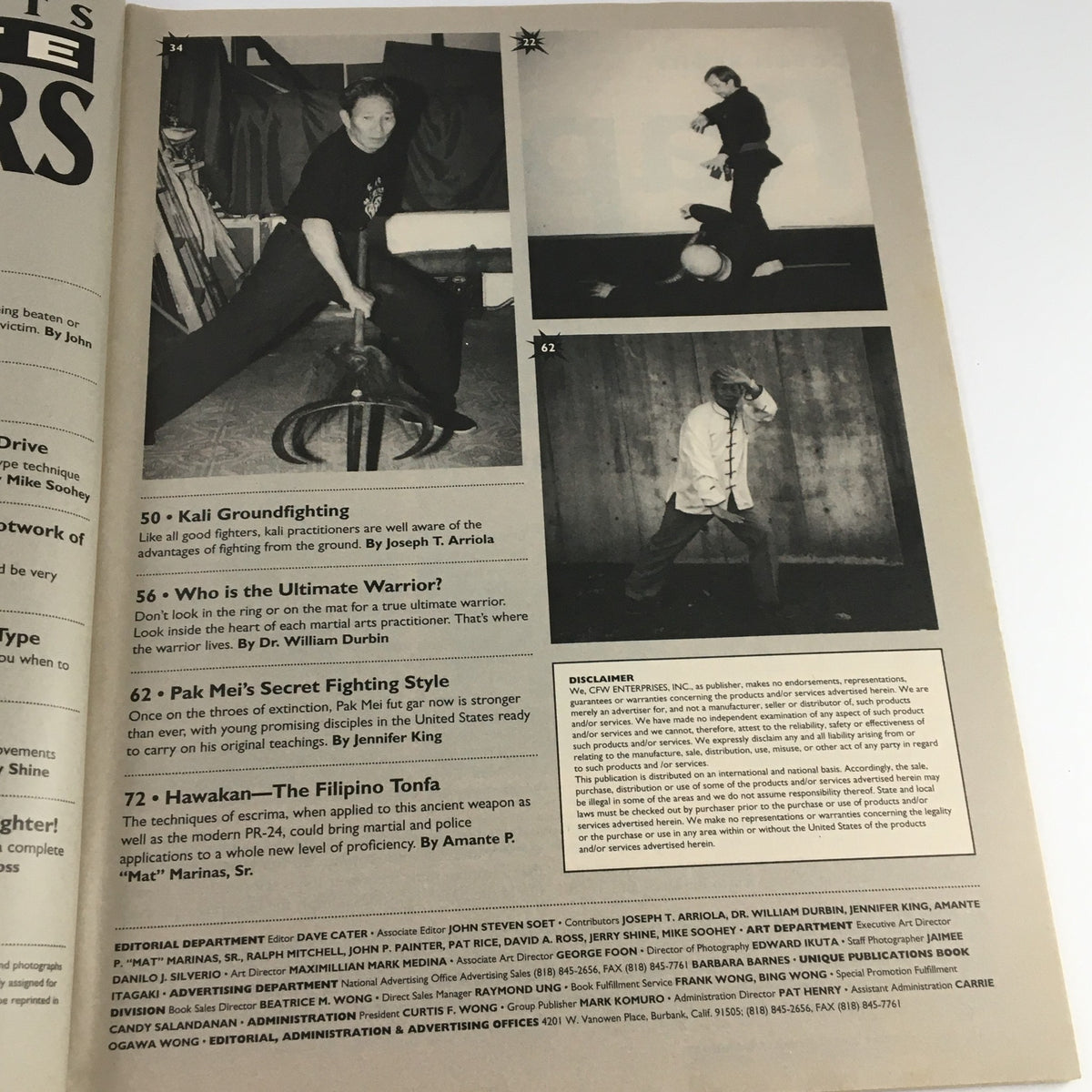 Interior pages of Martial Arts Ultimate Warriors July 1995 displaying martial arts techniques, including illustrations of training styles and tips.