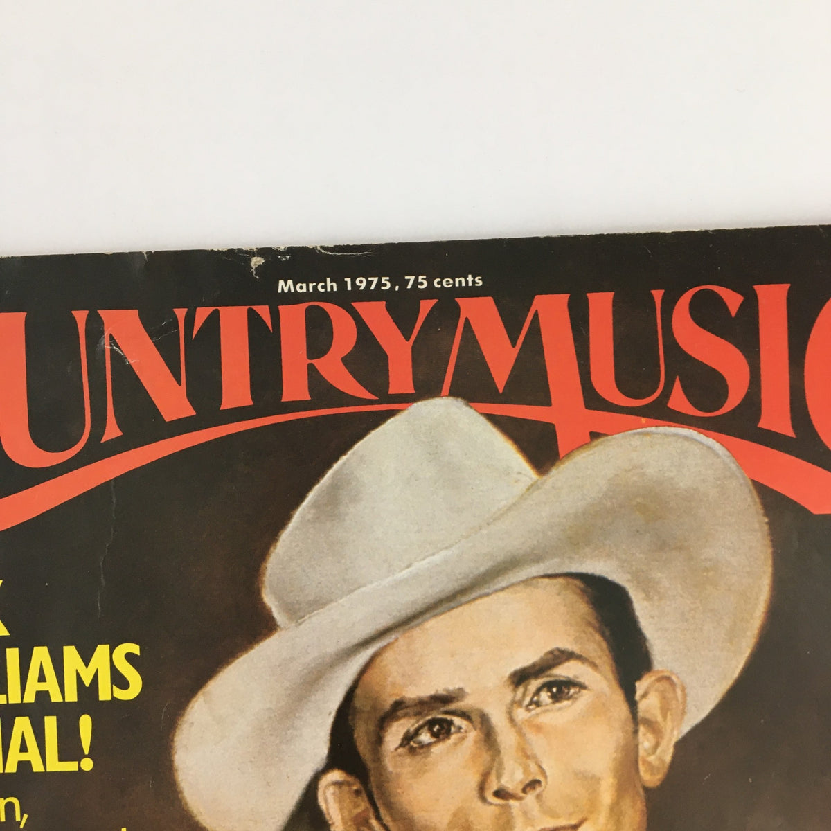 Cover of Country Music Magazine March 1975 featuring Hank Williams, iconic country musician, with vintage design and 75 cents price tag.