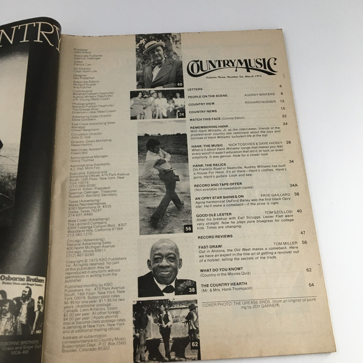 Contents page of Country Music Magazine March 1975 showcasing articles and features, including highlights on Hank Williams and other classic country music artists.
