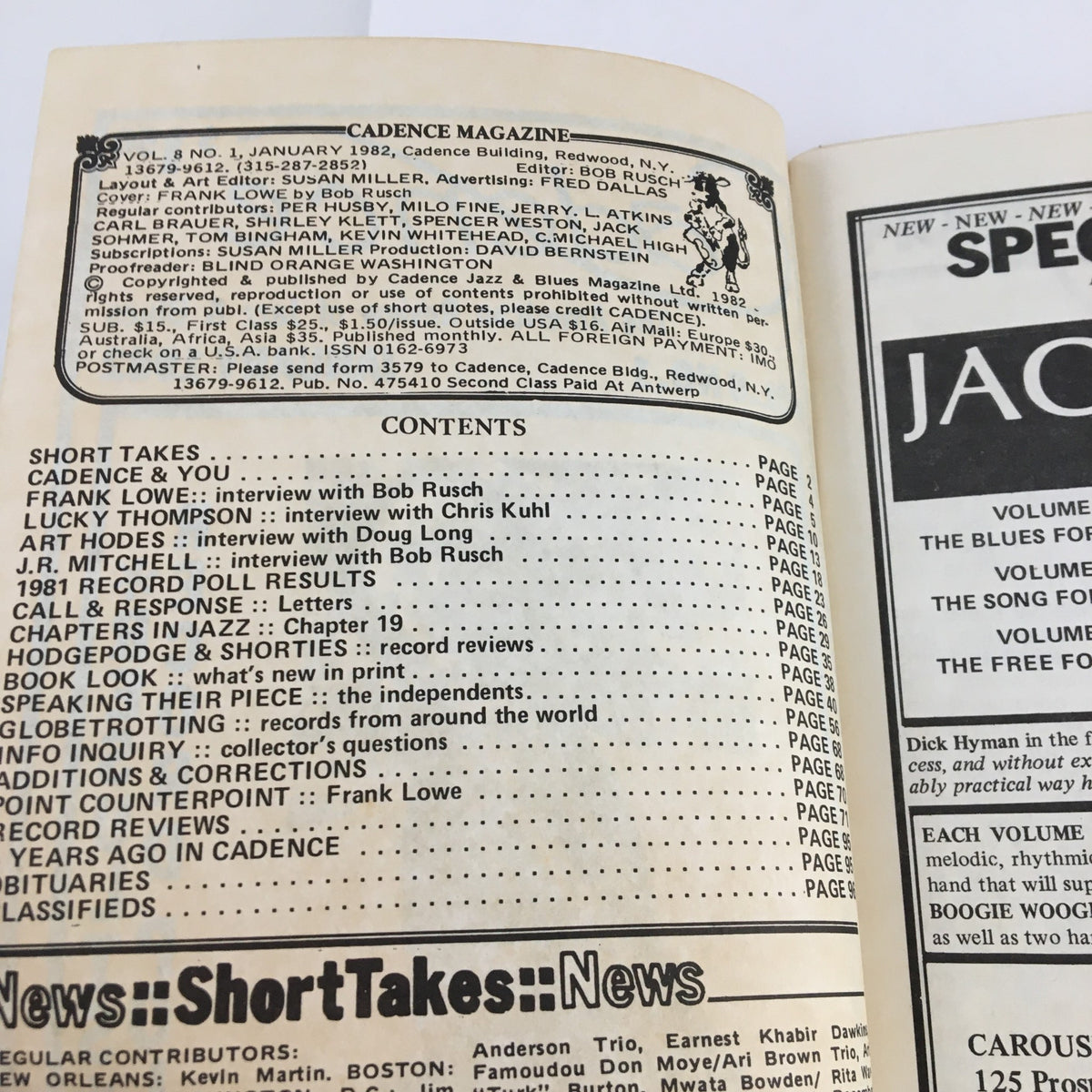 Contents page of Cadence Magazine January 1982 featuring articles on Frank Lowe, Lucky Thompson, Art Hodes, and more. The page includes section headings and interview overviews, showcasing the magazine's focus on jazz and blues music history.