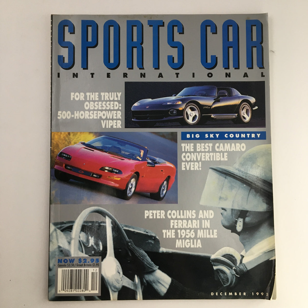 Cover image of Sports Car International Magazine December 1993 featuring articles on Peter Collins, Ferrari, and top performance vehicles including the 500-horsepower Viper.
