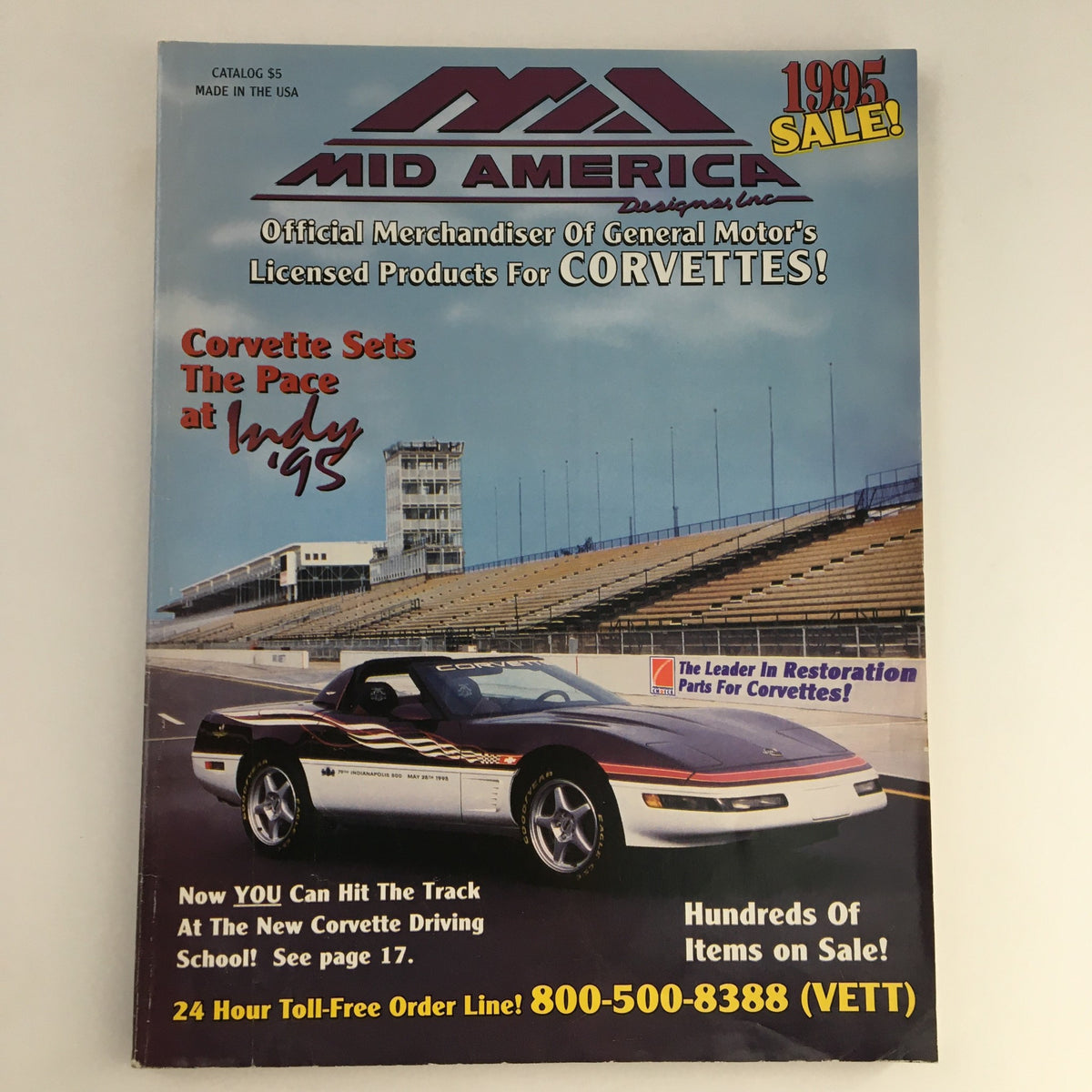 Mid America Designers Inc. Catalog 1995 Parts & Accessories for Corvettes cover showing a Corvette at the Indianapolis Motor Speedway and promotional text highlighting the sale.