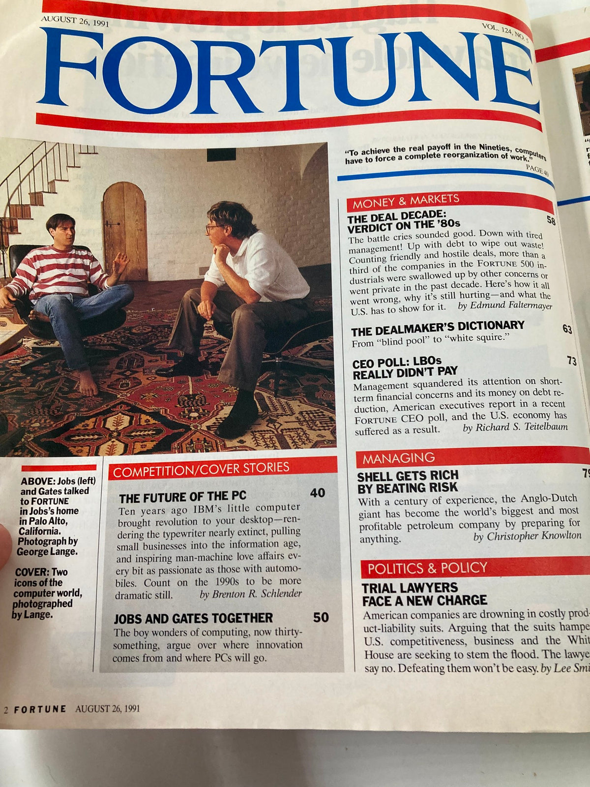 Inside page of Fortune Magazine August 26, 1991, highlighting the cover story 'The Future of the PC,' showcasing Steve Jobs and Bill Gates in a discussion setting.