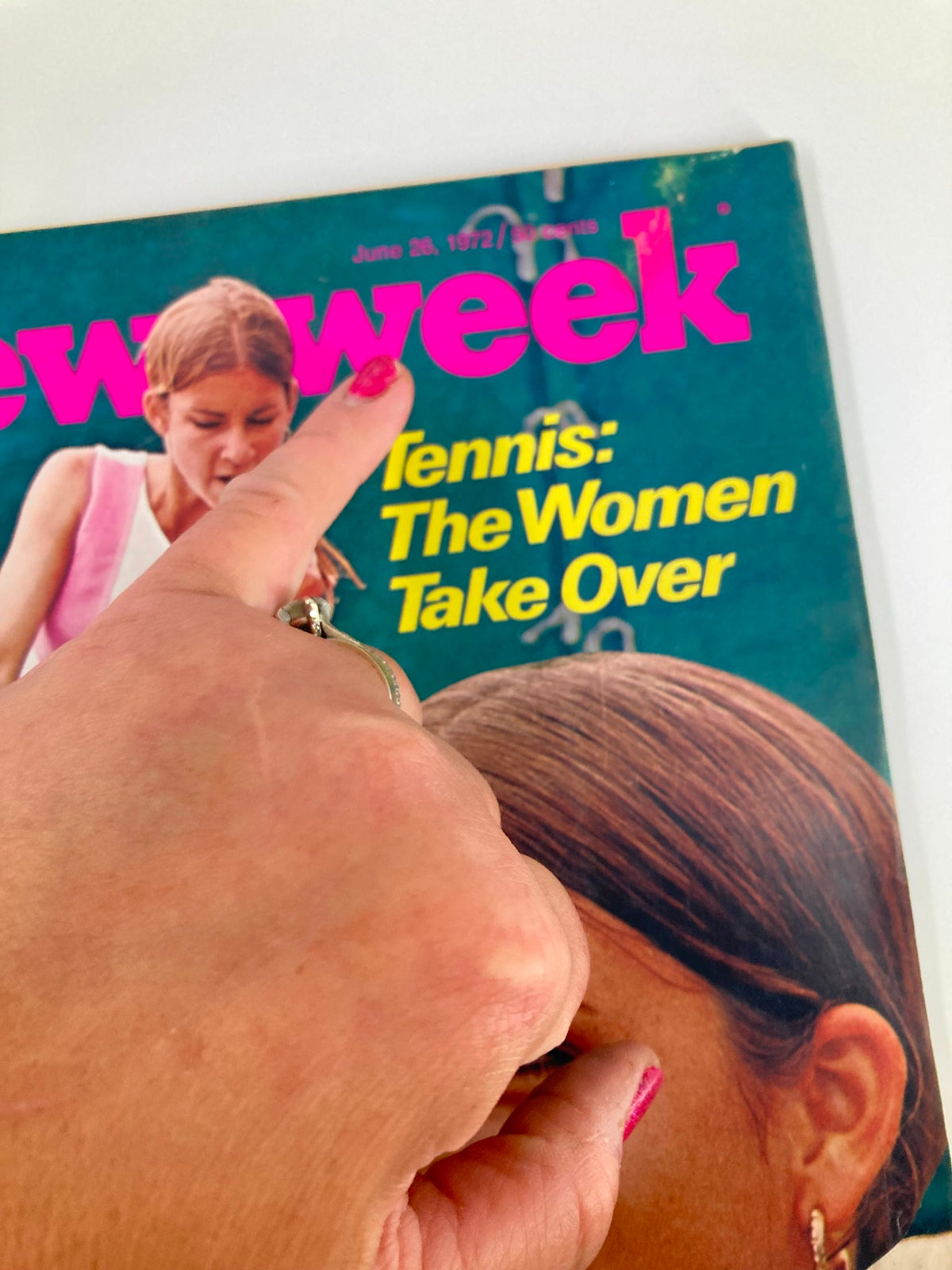 Close-up of the Newsweek magazine cover from June 26, 1972, showing Chris Evert with printed text 'Tennis: The Women Take Over', indicating the cultural shift in women's sports.