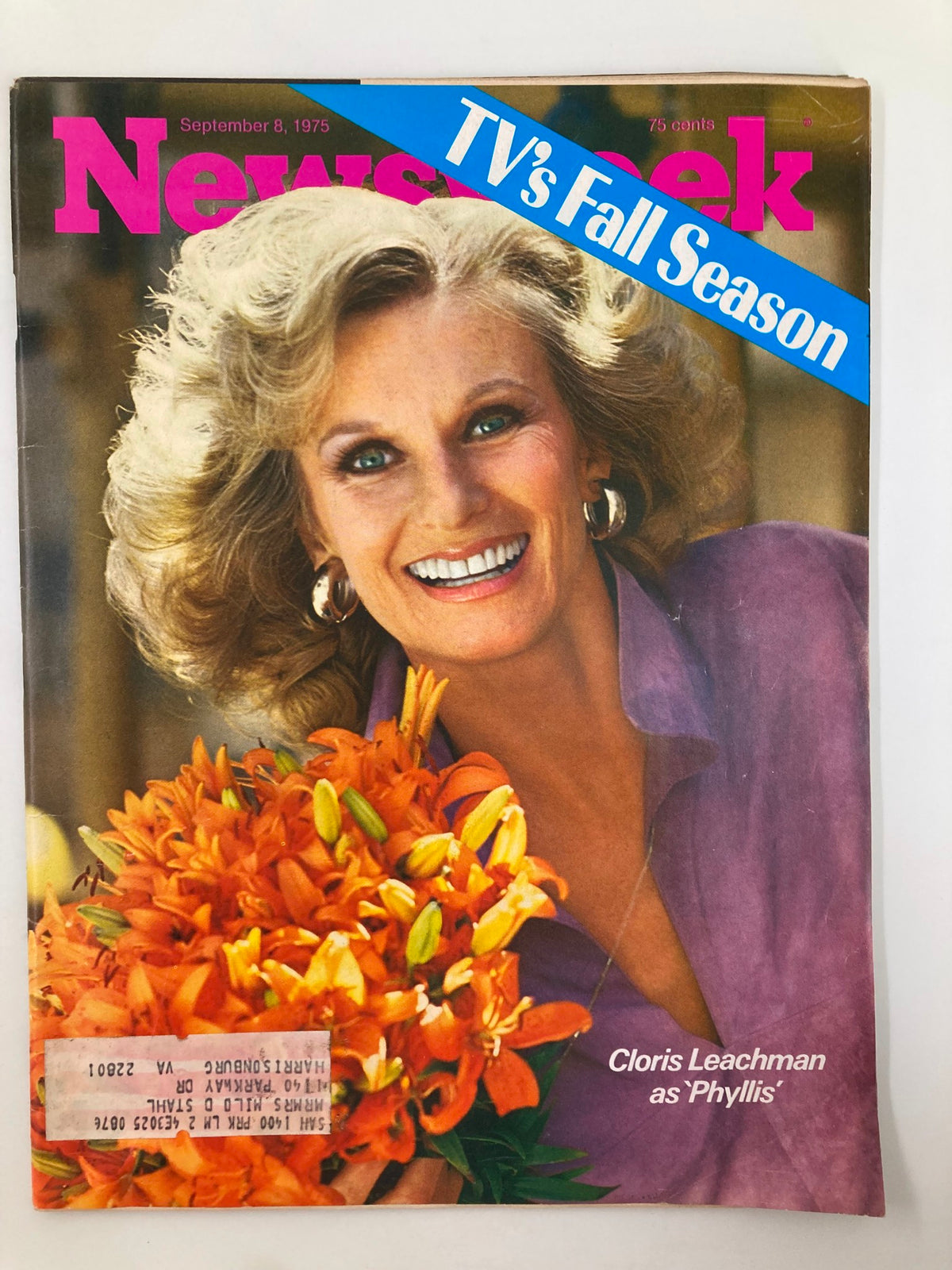 VTG Newsweek Magazine September 8 1975 featuring Cloris Leachman as 'Phyllis' smiling with a bouquet of orange lilies and a striking cover design highlighting 'TV's Fall Season.'