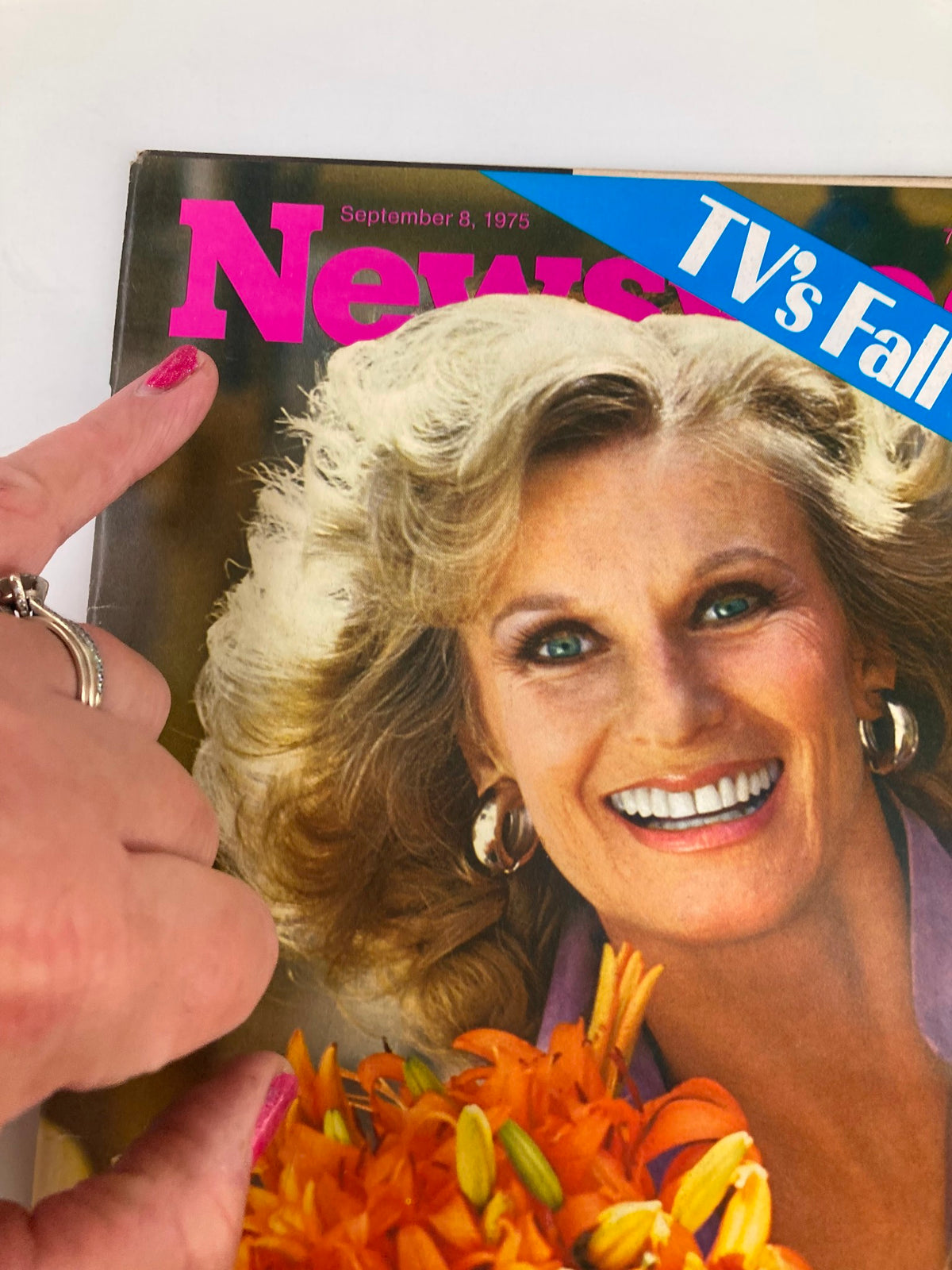 Close-up of VTG Newsweek Magazine September 8 1975 with Cloris Leachman as 'Phyllis,' showcasing the magazine title and date while emphasizing the vibrant cover colors and floral arrangement.