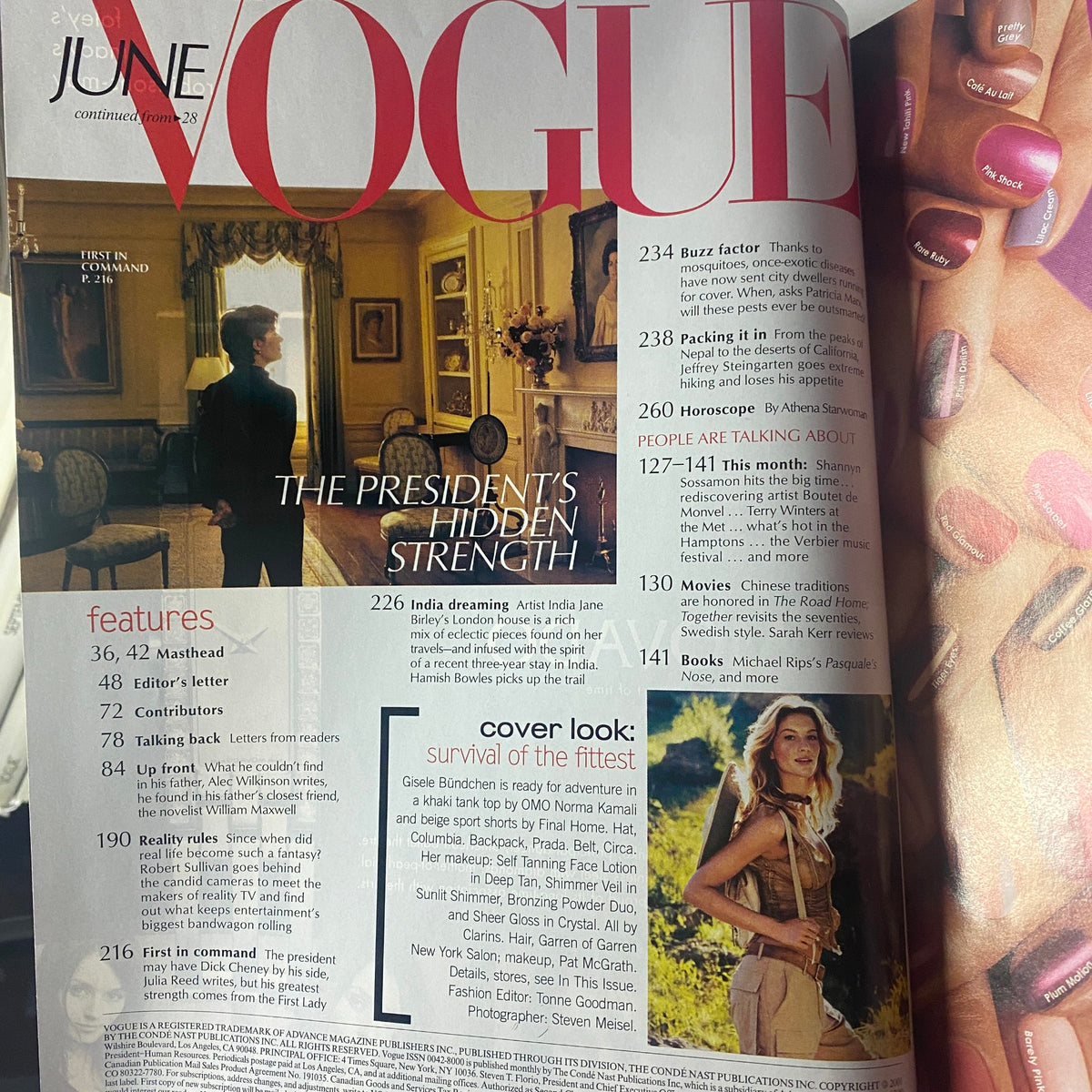 Feature in Vogue Magazine June 2001 discussing the presidential strength, alongside an image of Gisele Bündchen, emphasizing luxury and sophistication.