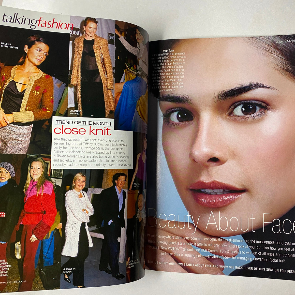 Fashion highlight from Vogue Magazine January 2001 featuring close-knit trend in talking fashion, showcasing various models and styles.