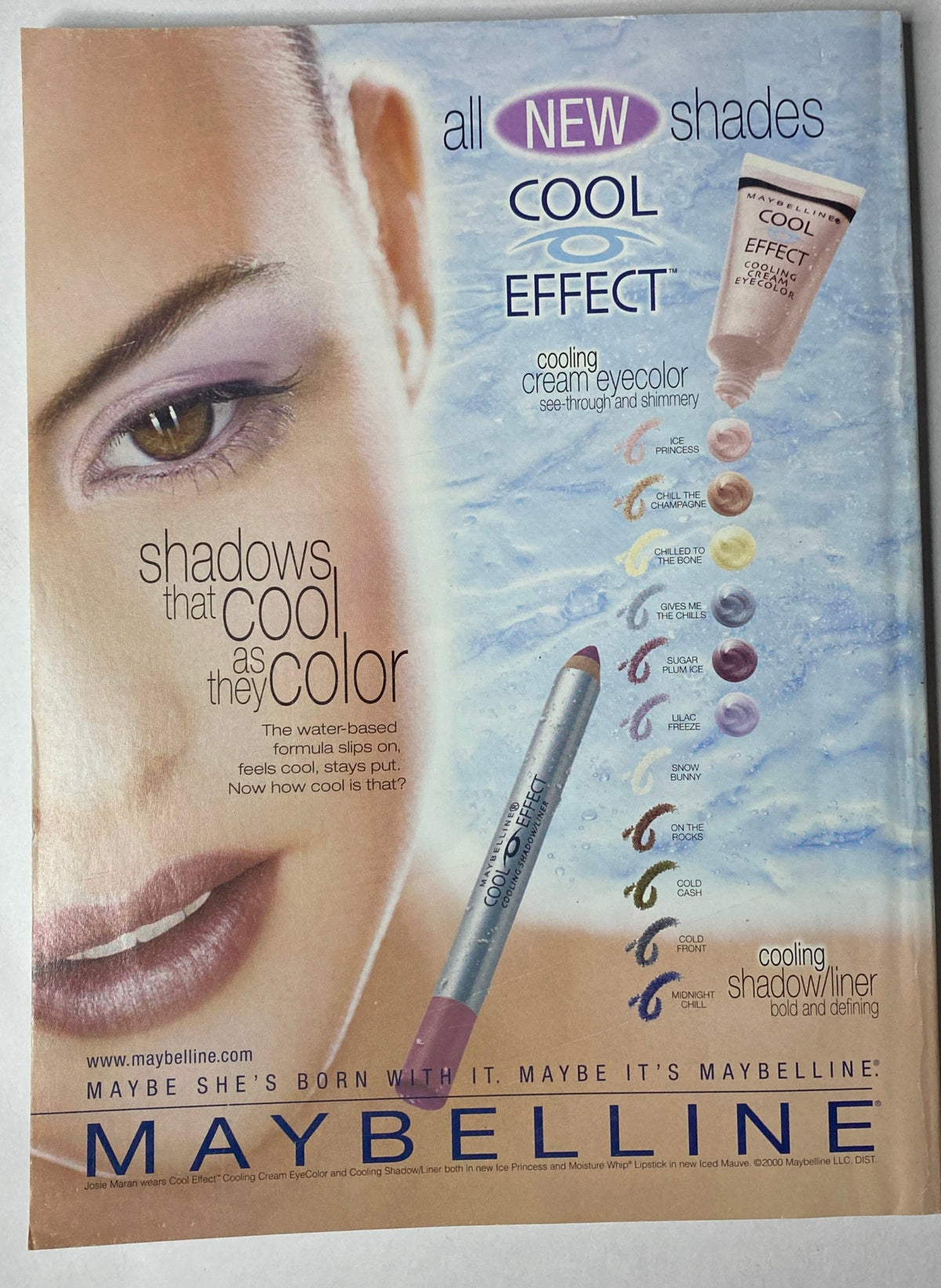 Advertisement from Vogue Magazine January 2001 for Maybelline Cool Effect, highlighting new shades of eye shadow and liner, reinforcing the beauty trends of the time.