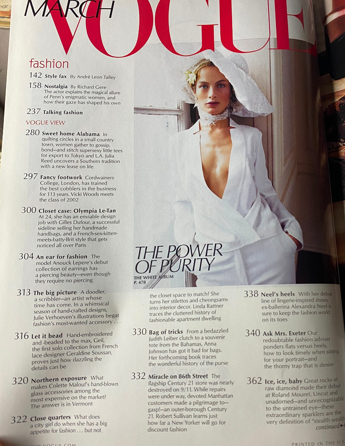 Table of contents page from Vogue Magazine March 2002, featuring a list of articles and fashion contributions including the section about Gwyneth Paltrow as a key fashion icon.