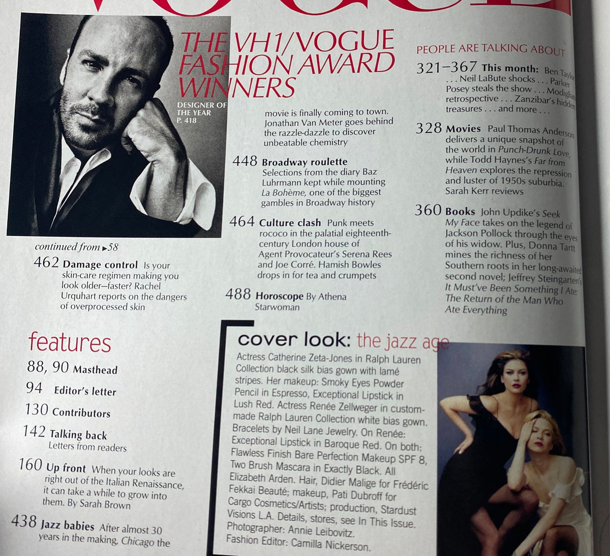 Vogue Magazine November 2002 page featuring VH1/Vogue Fashion Awards and award winners.